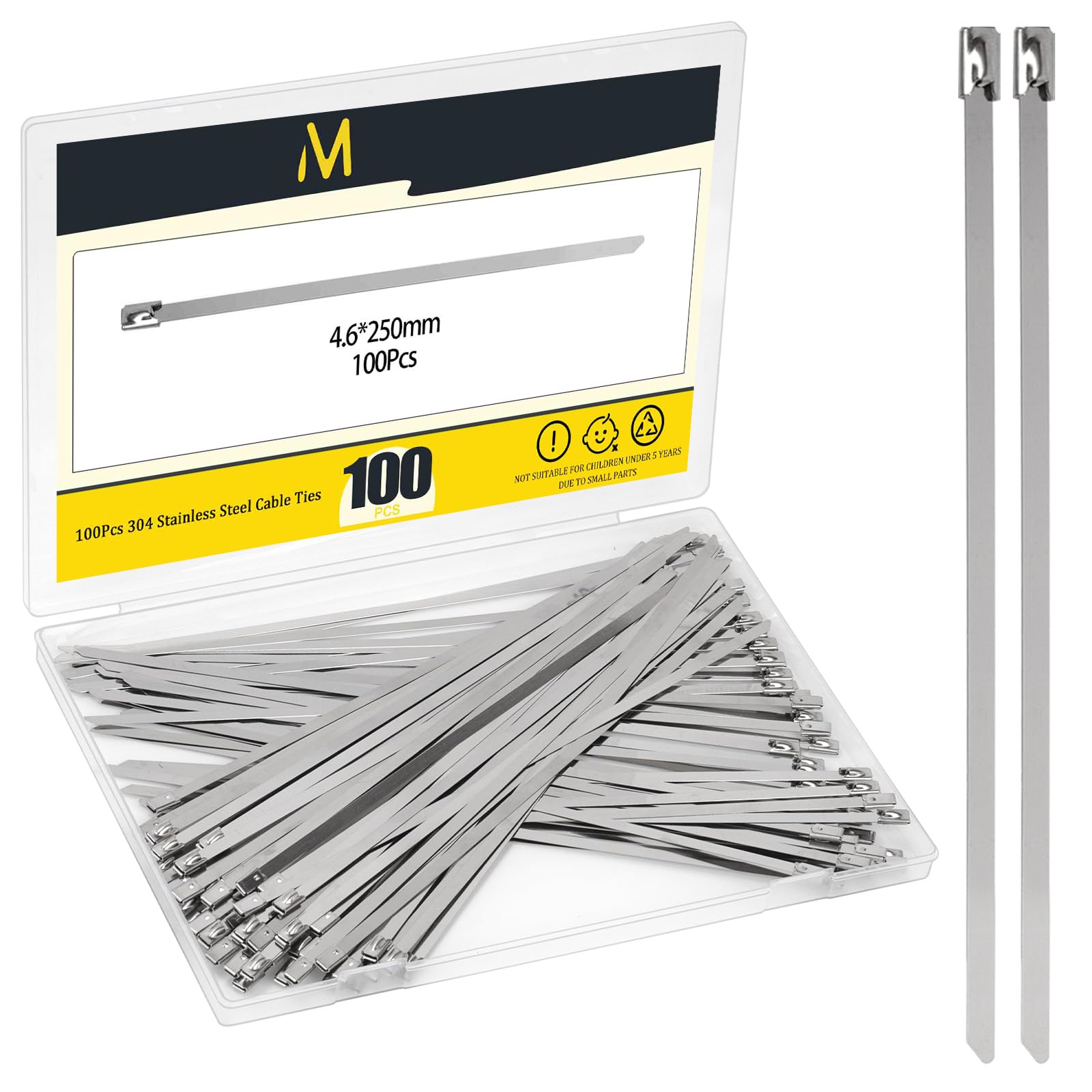 100pcs 9.8”/250mm 304 Stainless Steel Zip Ties, Multi Purpose Heavy Duty Self Locking Zip Cable Ties for Machinery, Vehicles, Exhaust Wrap, Farms, Pipes, Roofs, Cables, and Outdoor Fence