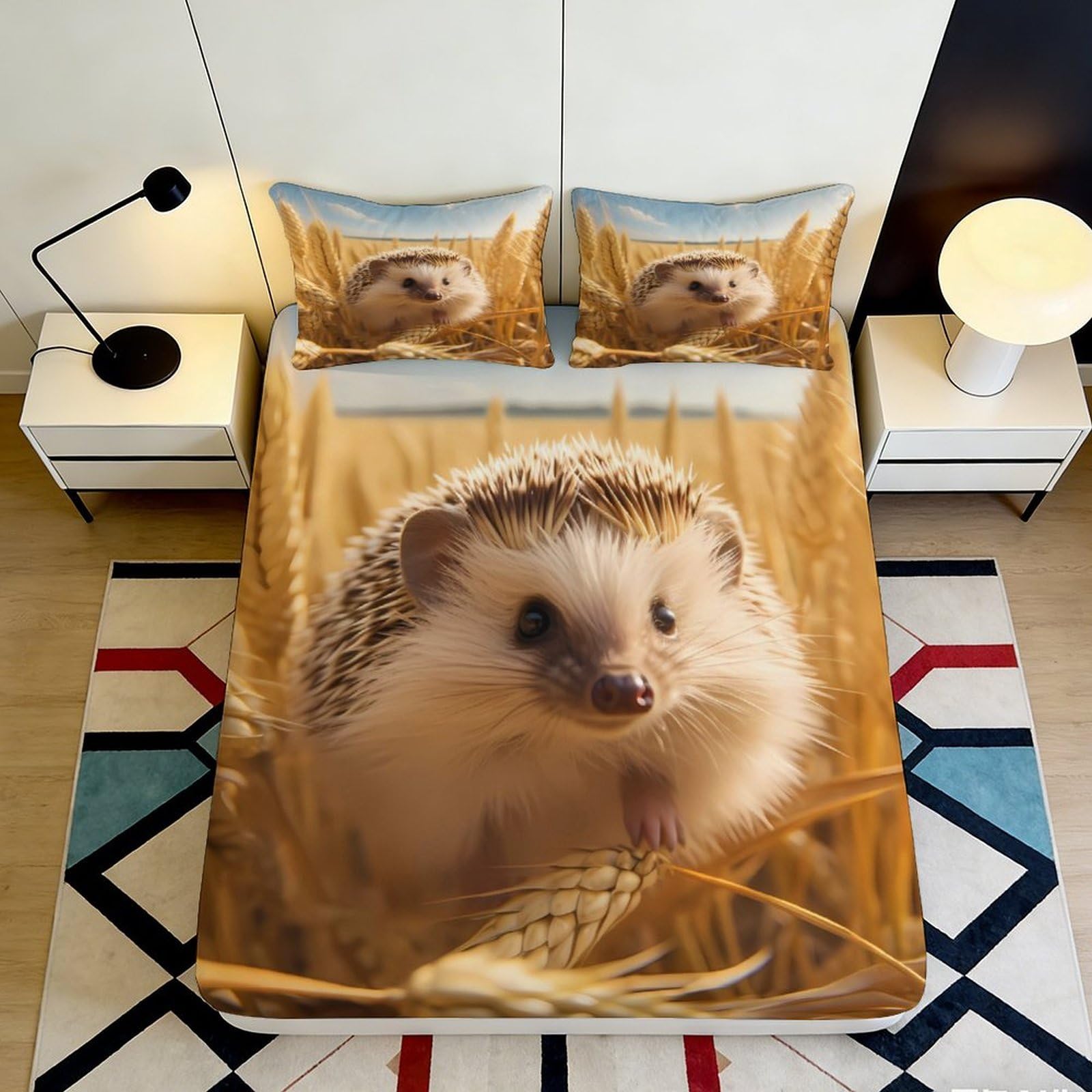 3D Printed Hedgehog Wheat Field Fitted Sheet Microfiber Bed Cover Soft Breathable for Bedroom Guestroom Decor 90x200x25cm