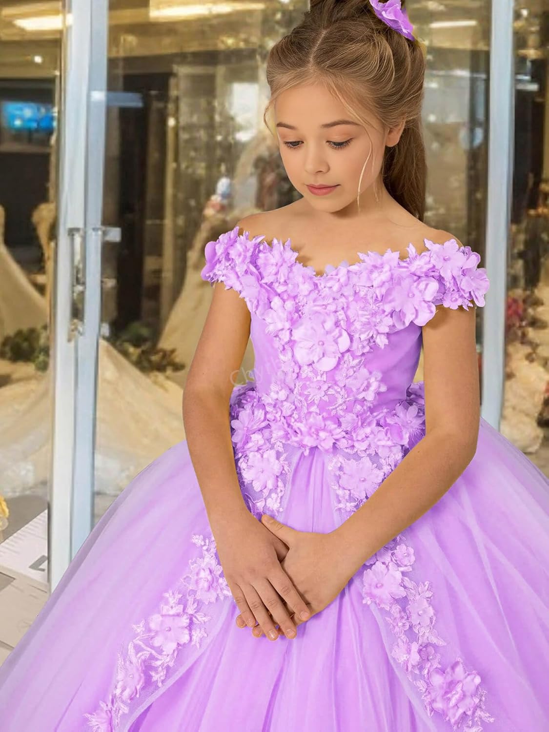 Applique Flower Girl Dress - Off Shoulder First Communion Dress for Girls Pageant Dresses