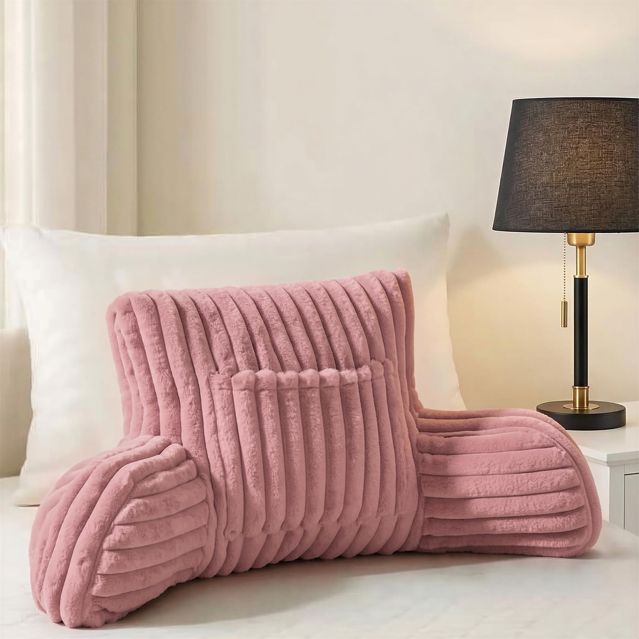 Cuddle Cushion, Ribbed Faux Fur Reading Pillow with Arms,Super Soft Cosy Gaming Cushion with Heatable Pocket, Back Support Pillow for Bed Seat Relaxing Working & Study (Blush Pink)