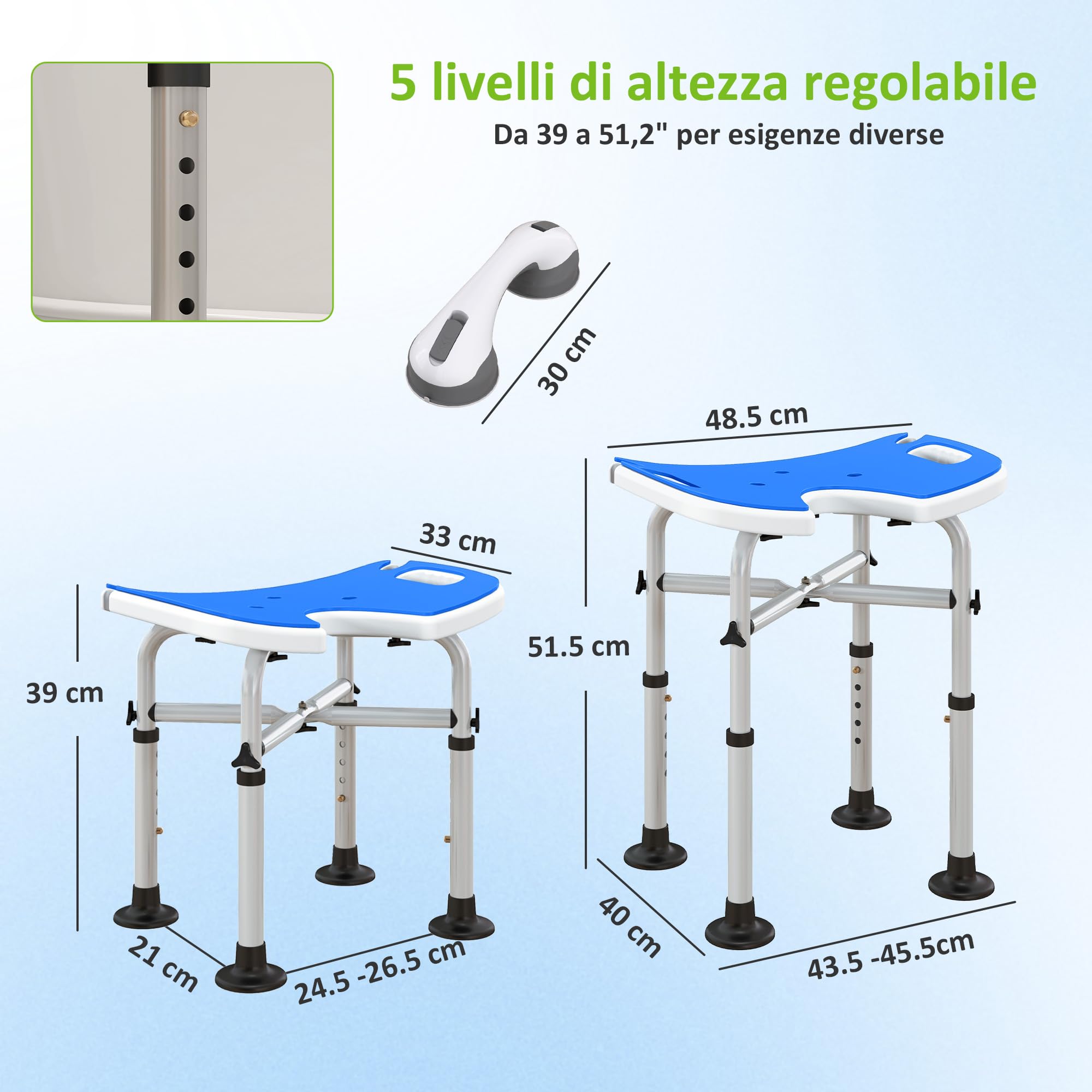 HOMCOM Sgabello da Doccia Regolabile in Altezza con Maniglione a Ventosa, Sedia da Doccia per Anziani e Disabili con Seduta Imbottita a U e Piedini Antiscivolo, Blu Scuro