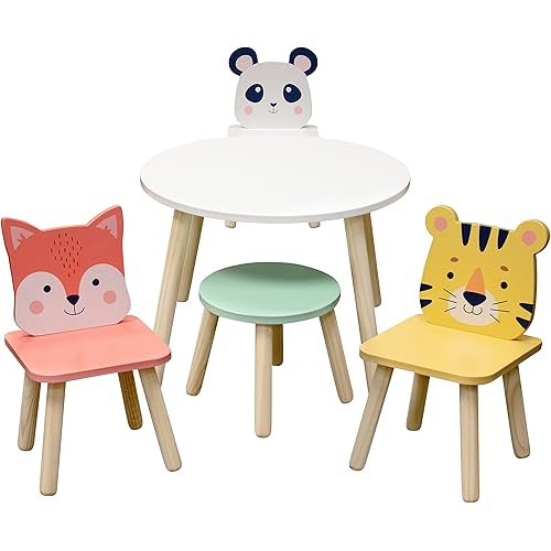 Kids Animal Table & Chair Set- Toddler Table w 3 Toddler Seats & Adult Stool for Arts, Activities- Adorably Themed Playroom Furniture, Dining Table or Activity Center for Daycares Classroom Play Area