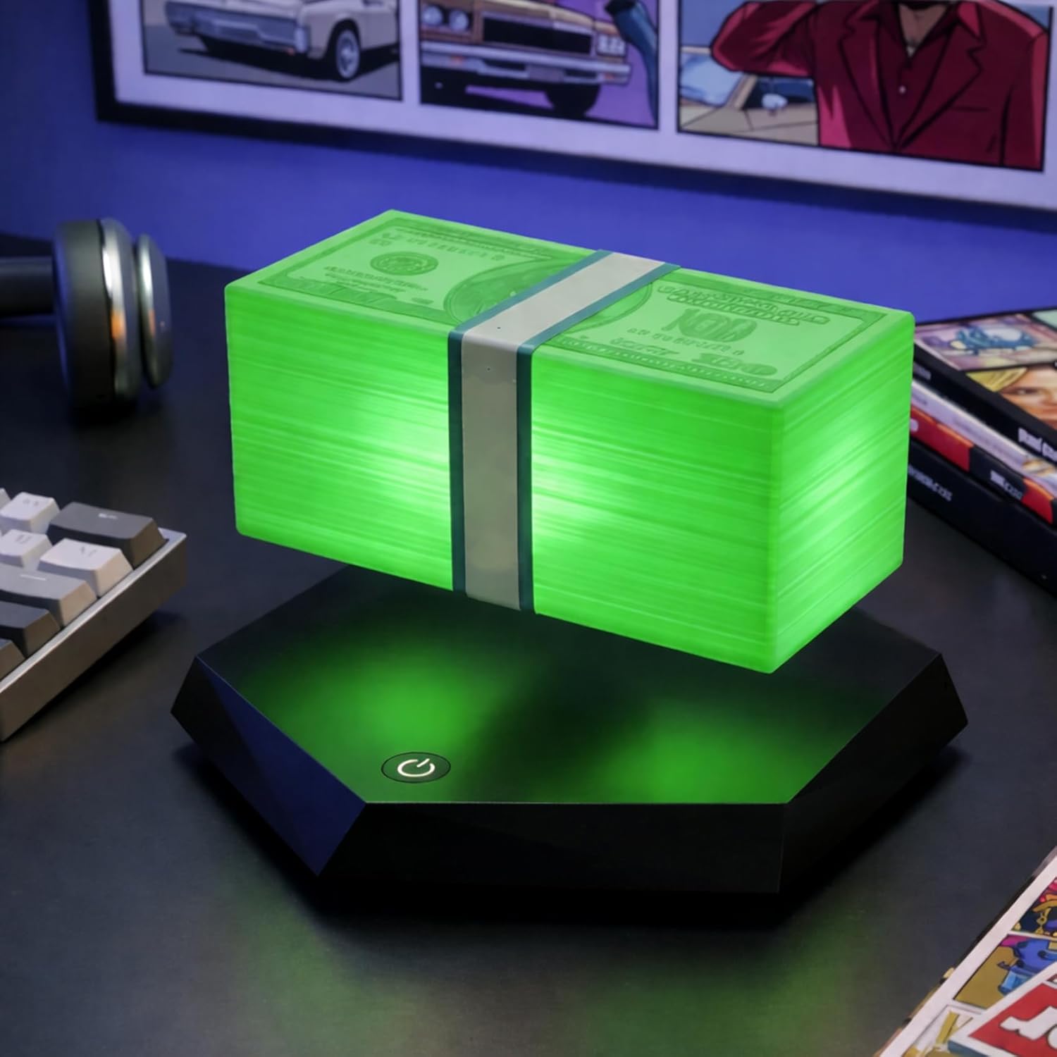 Magnetic Levitation Dollar Lamp, Floating MoneyLamp, 360° Rotation Money Stack Lamp, Floating Light - Real Floating Money Effect, Built-in LED Glow, Unique Gamer Gift for Him (Green)