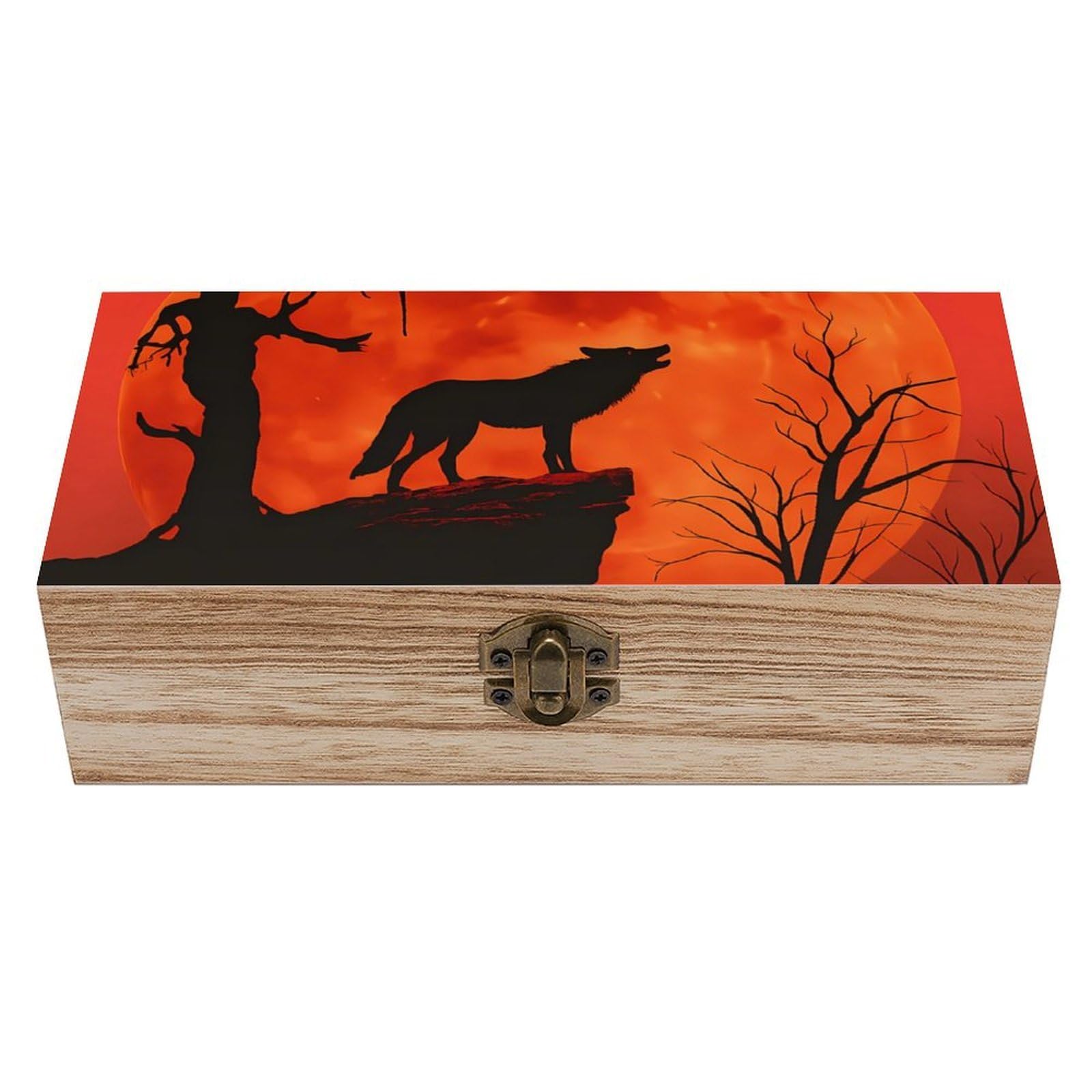 HLBSDM Red Moon & Wolf Retro Wooden Storage Box Jewelry Art Gift Boxs Decorative Keepsake Boxes