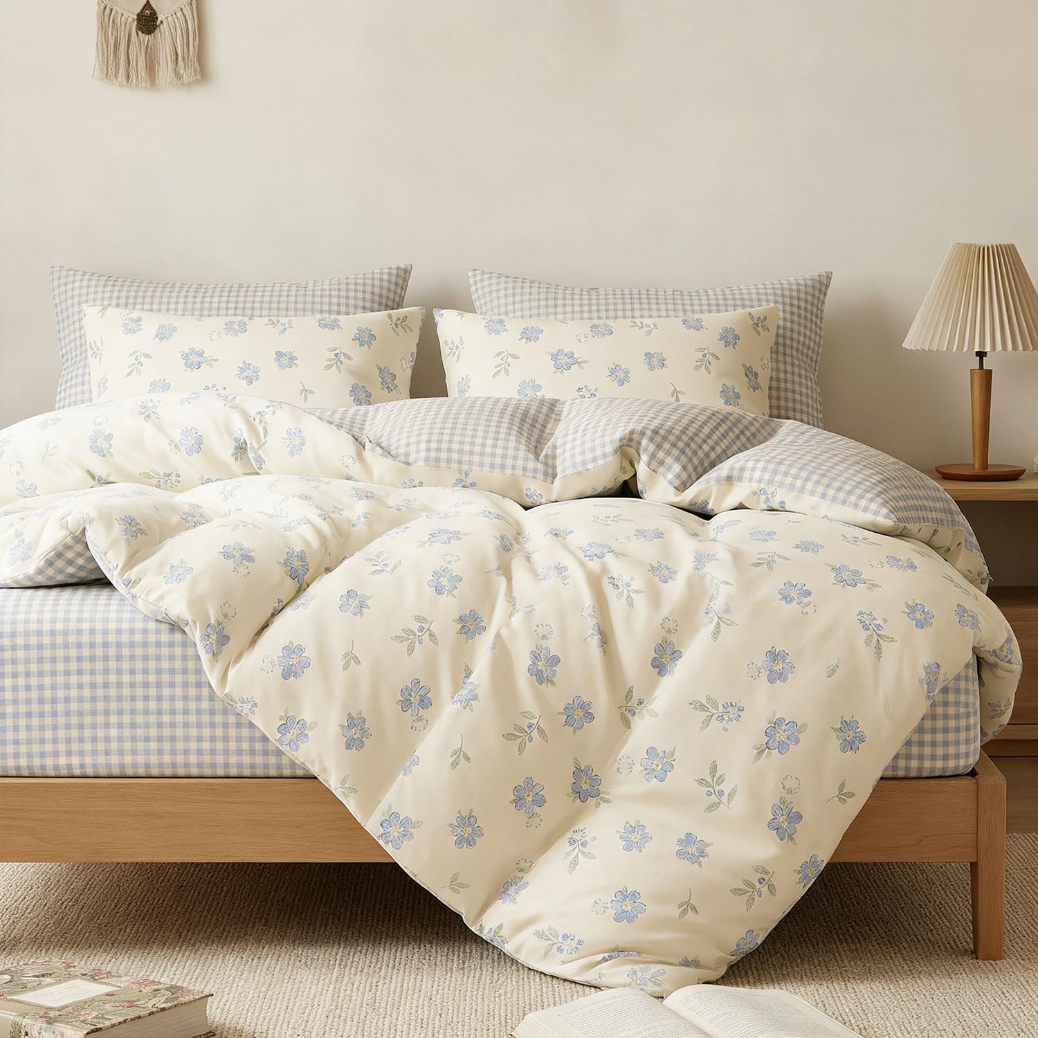 Sedefen Housse de Couette 240x260 Motif Feuilles + 2 Taies d'oreiller 65x65 cm,Vichy Bleu Beige Fleur Parure de lit Adulte 2 Personnes Linge de Lit en Microfibre avec Fermeture Éclair