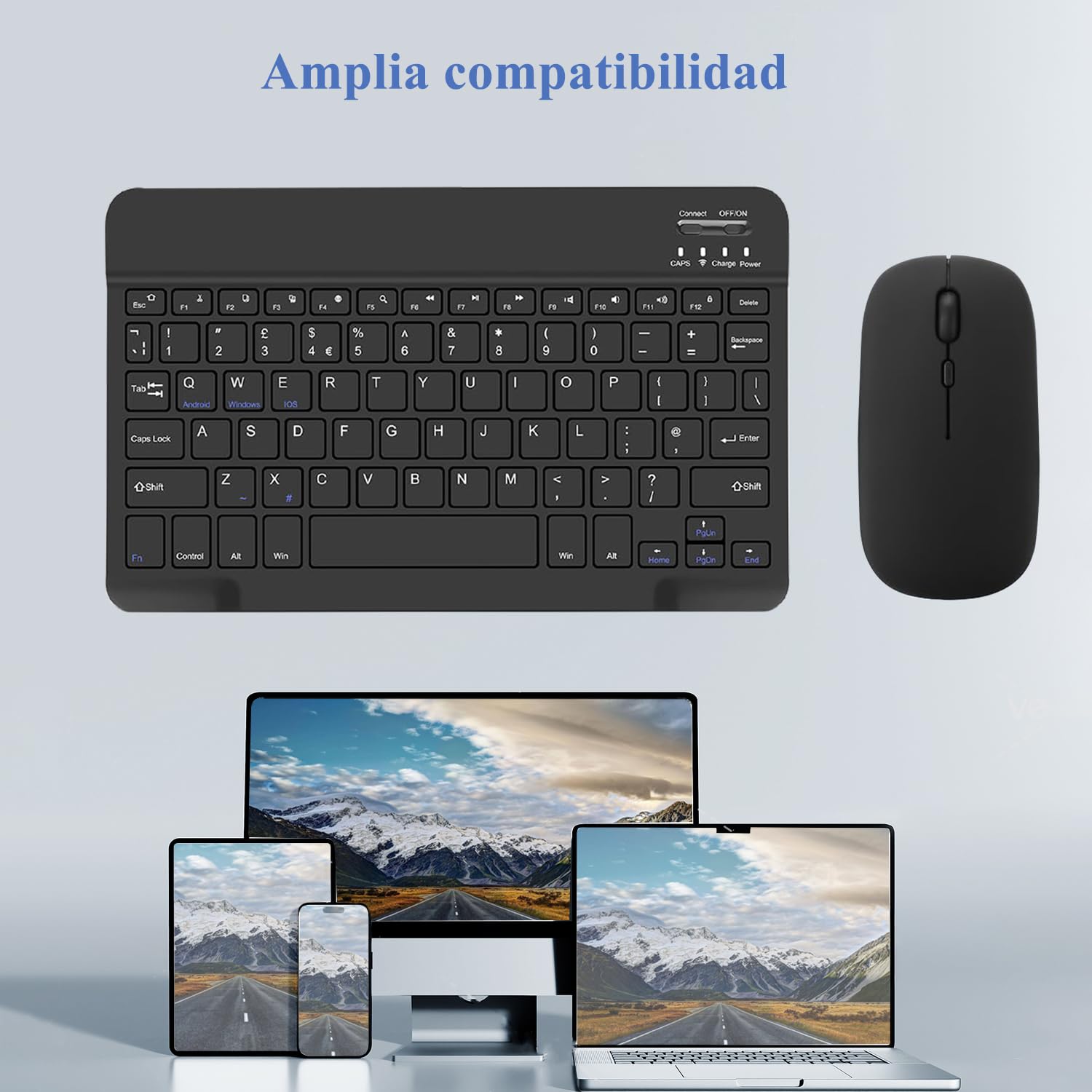 Teclado y Ratón Inalámbrico Bluetooth, 10” Español Ñ Teclado y Ratón Recargables Silenciosos y Portátiles para iPad Pro/iPad Air/Samsung/Huawei/Honor/Xiaomi/Tablet/iOS/Android/Windows