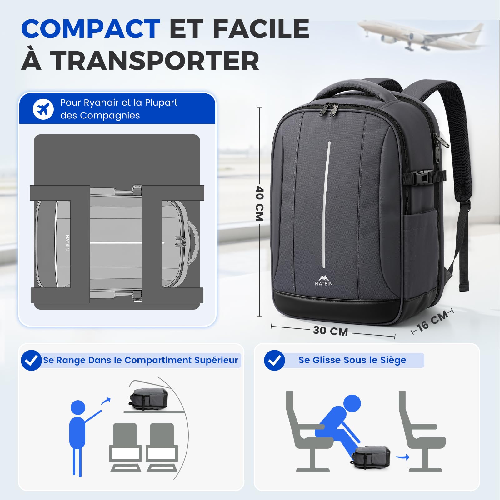 MATEIN Sac à Dos Ordinateur Portable 15.6 Pouces, Sac a Dos Homme Travail | Sac a Dos Antivol Imperméable avec Poches Accessoires, Serrure TSA, Sac a Dos PC Portable pour Travail, Voyage, Cadeau, Gris