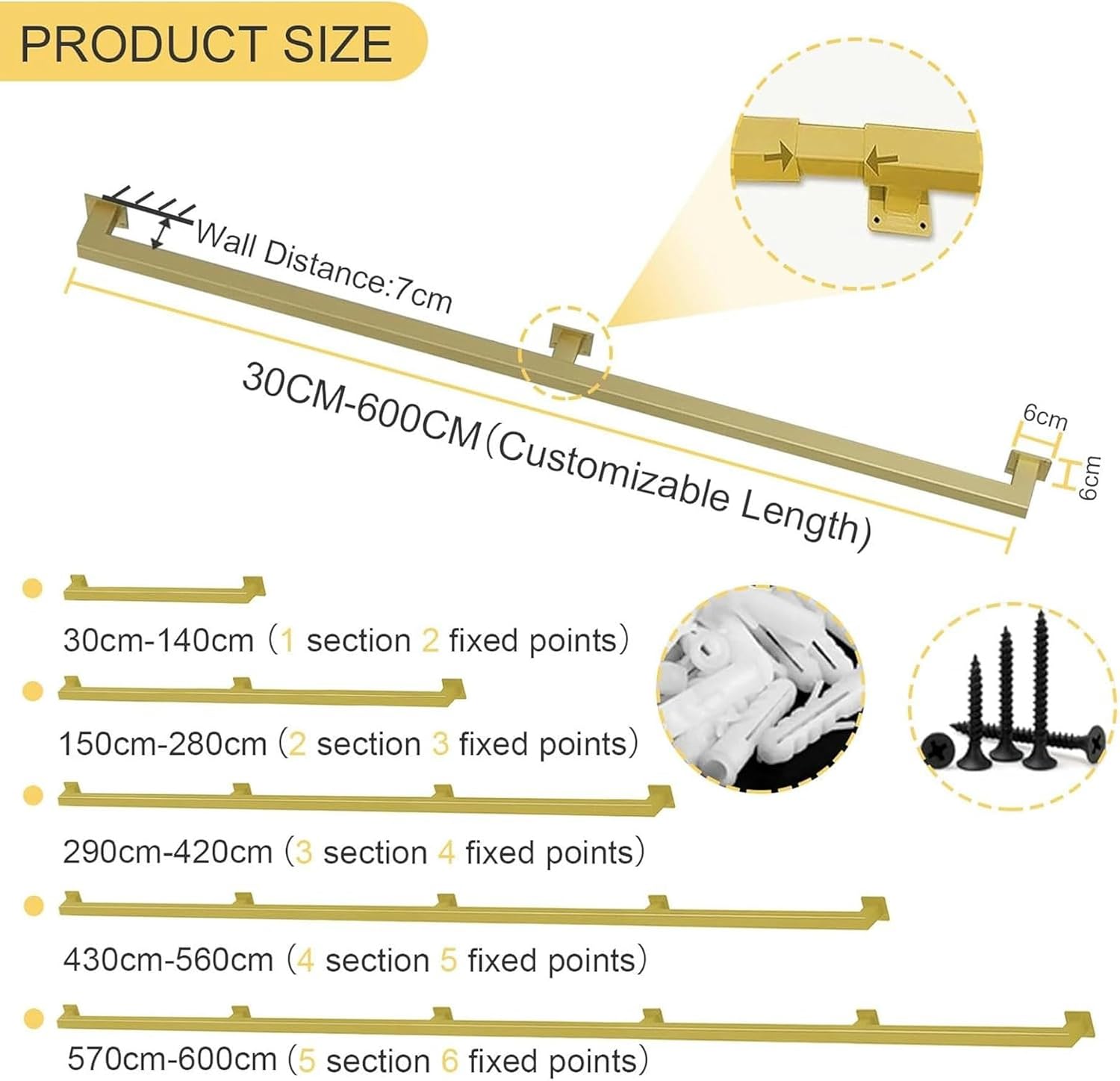 Gold Stair Handrail, 30cm-600cm Metal Staircase Handrails Galvanized Industrial Square Pipe Stair Railing with Wall Support Loft Corridor Grab Rail for Home Decoration