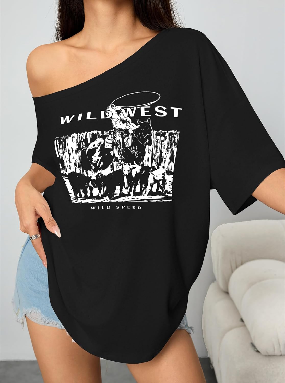 Hilinker Women's Graphic Off The Shoulder Tops Asymmetrical Short Sleeve Oversized T Shirts - Image 3