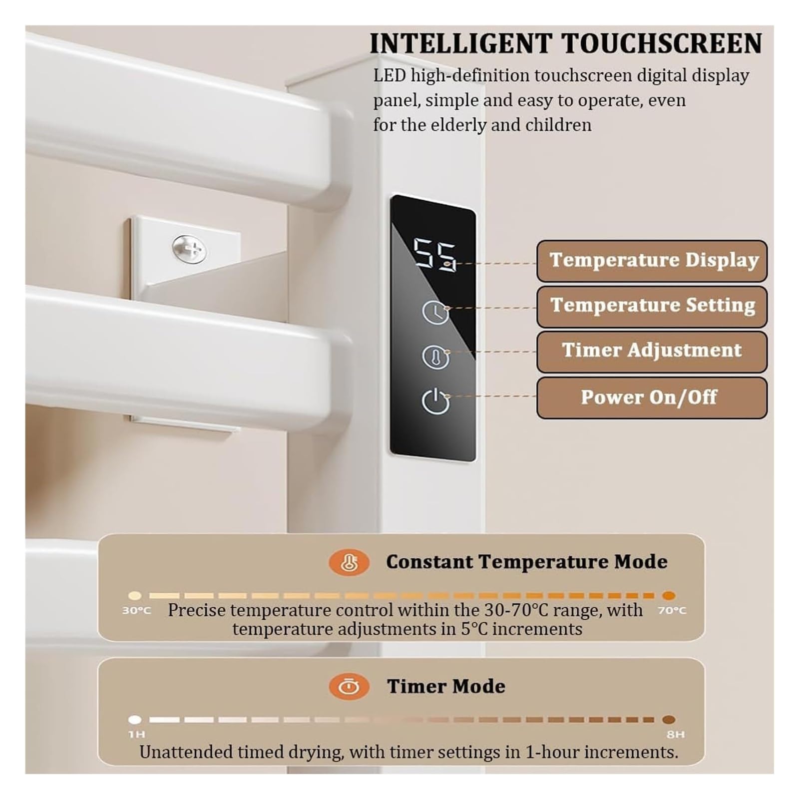 Elektrischer Handtuchhalter Wandmontage Fünf Bar Aluminium Heizung Timer | Mehrstufige Temperaturanpassung Warme Handtücher Badezimmer Gäste WC Wellnessbereich Sauna Spa Hotel(Weiß,Left Exit)