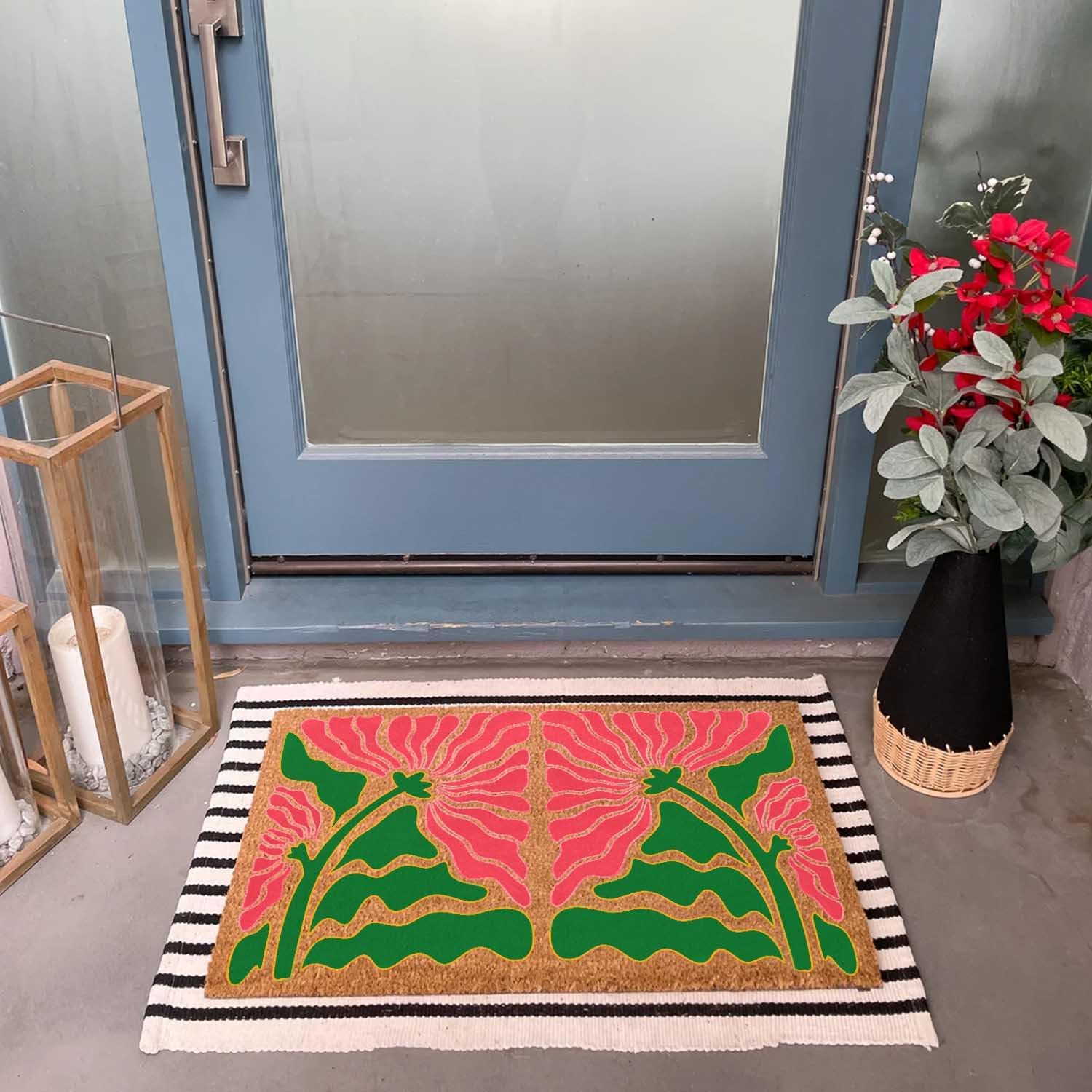 Funny Coir Doormat Retro Poppy Boho Modern Floral Rugs with Heavy-Duty PVC Backing Non Slip Outdoor 23.6 x 15.7 inch