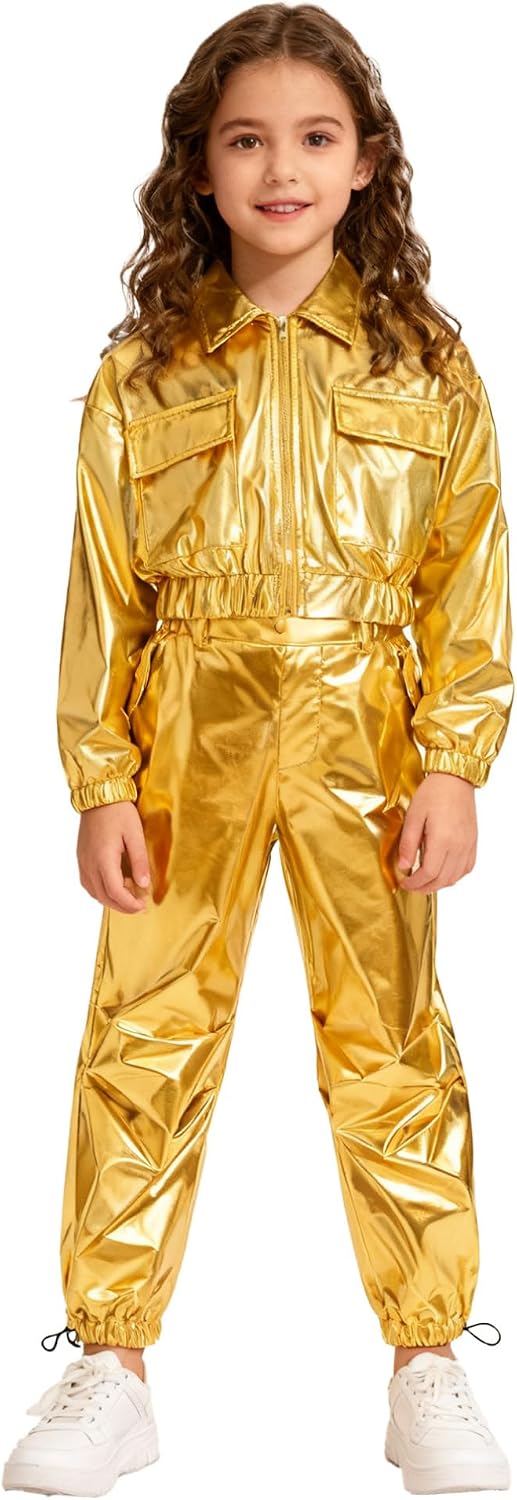 TiaoBug Kids Boys Girls Shiny Metallic Long Sleeve Hip Hop Dance Jacket with Pants Set Tracksuit Performance Dancewear Gold 10 Years