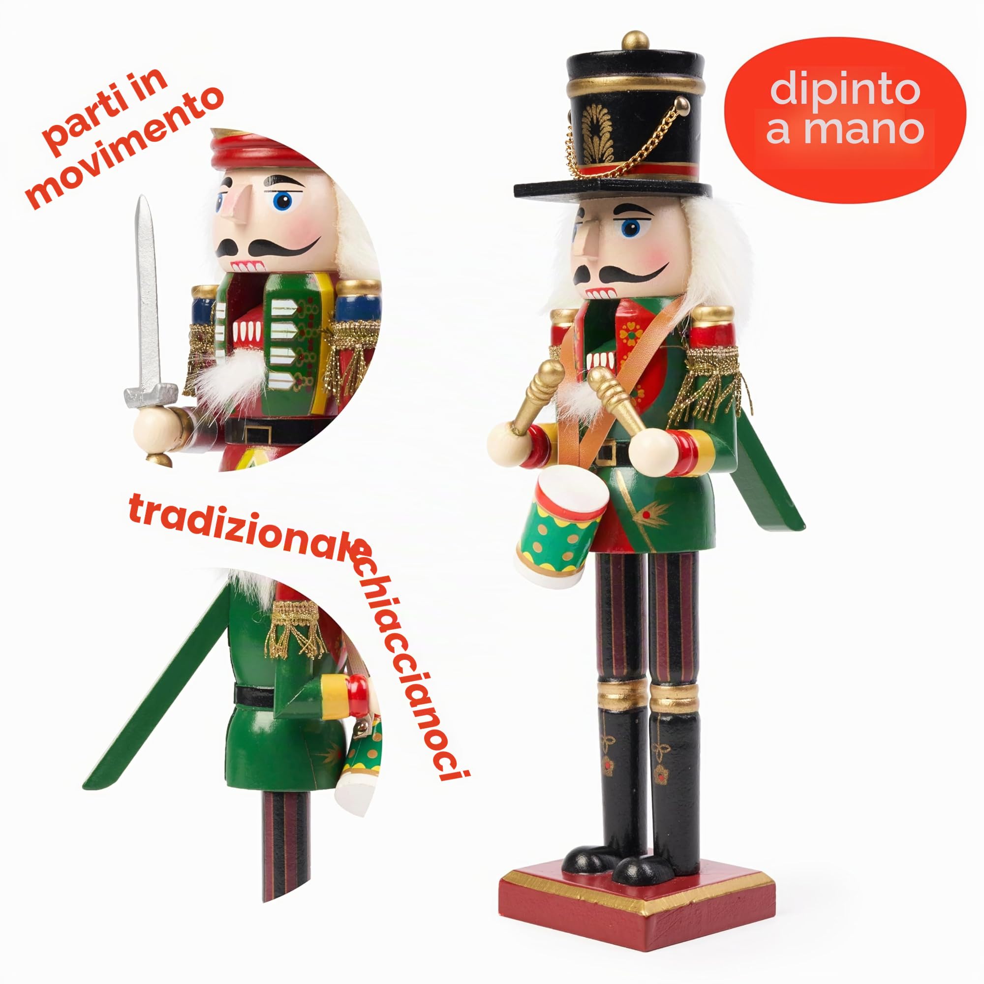 THE TWIDDLERS 2 Schiaccianoci Natale in Legno (30cm) – Soldatini Decorativi Dipinti a Mano – Set Soldato con Spada e Tamburo – Decorazione Natalizia Classica per Camino, Tavola e Mensole – Rosso e Oro