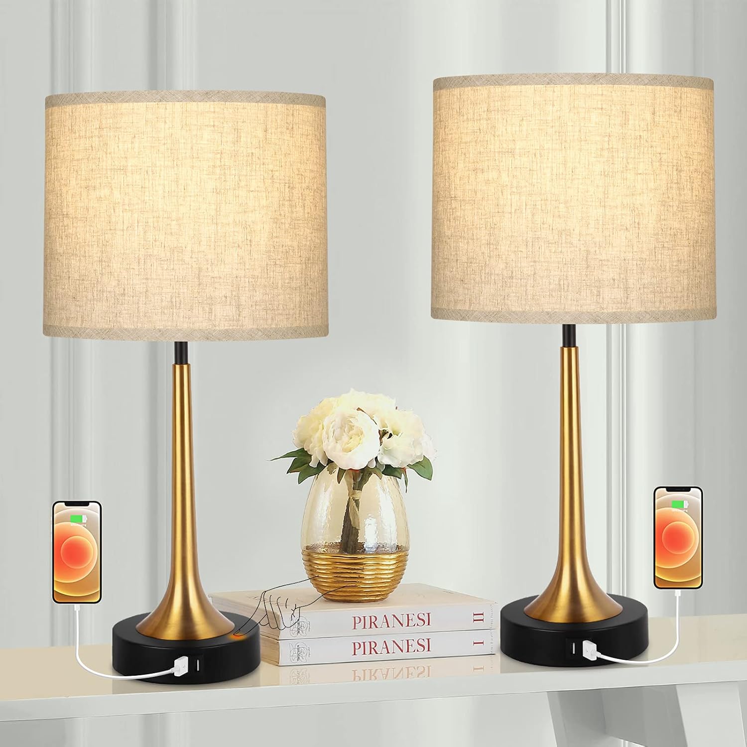 Set of 2 Touch Control Table Lamps with USB Ports and AC Outlet 3Way