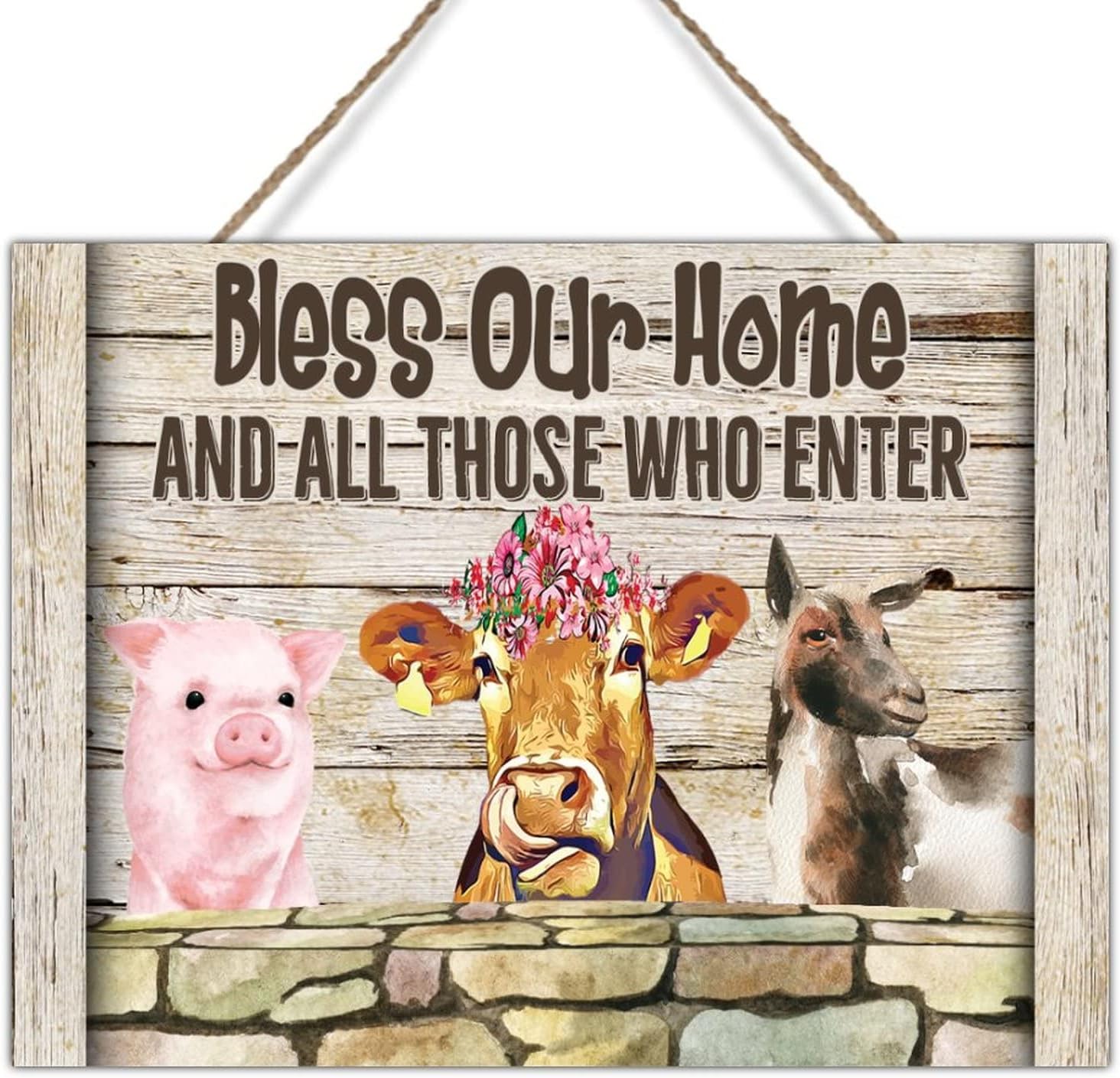 Farmhouse Wood Sign Farmhouse Animal Pig Cow Sheep Sign Wood Decor Bless Our Home and All Those Who Enter Signs Wood Decor for Farm Wall Door Porch Yard Decor 24x18in