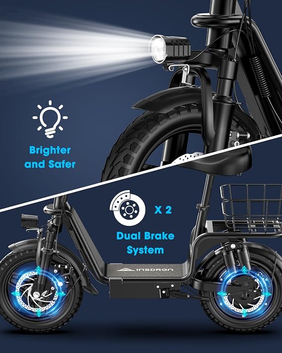 INSDRGN Electric Scooter with Seat for Adults, Peak 1000W Motor, 28 Miles Range eScooter, 48V 10.4Ah Li Battery, 20MPH Foldable Commuter E-Scooter with Basket, Max 330LBS, UL2272 Certified, C14