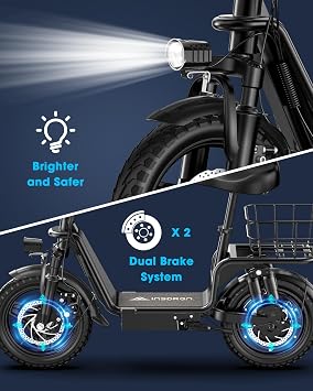 INSDRGN Electric Scooter with Seat for Adults, Peak 1000W Motor, 28 Miles Range eScooter, 48V 10.4Ah Li Battery, 20MPH Foldable Commuter E-Scooter with Basket, Max 330LBS, UL2272 Certified, C14