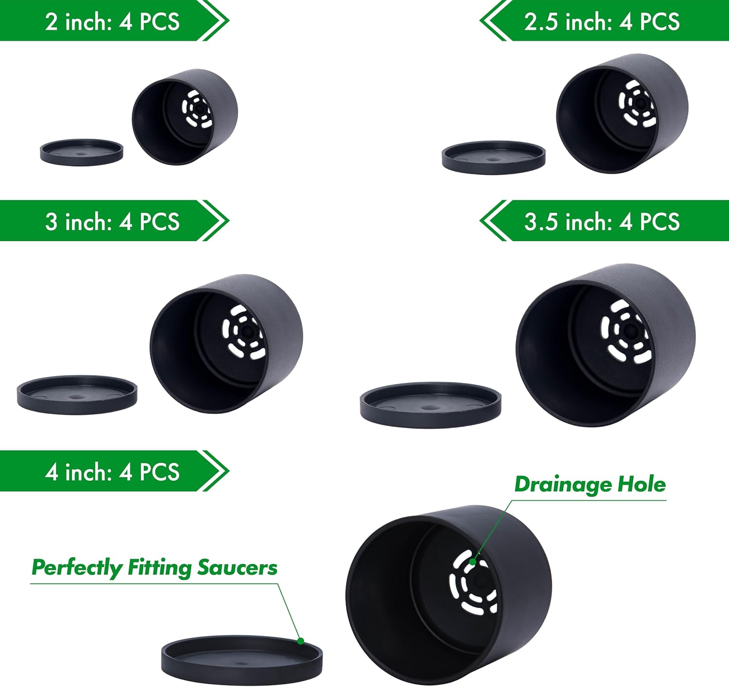 D'vine Dev Pack of 20 Plastic Plant Pots (4 Set of 2 Inch, 2.5 Inch, 3 Inch, 3.5 Inch, 4 Inch) Small Garden Planter Pots for Plant with Drainage Holes and Saucers, Black, 74-U-B - Image 4