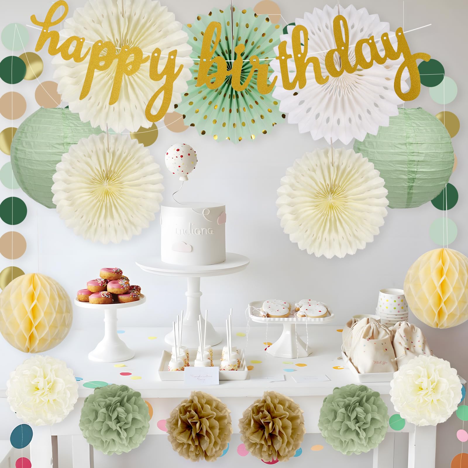 Paper Decorations for Party Happy Bithday Banner for Any Age Paper Fan Flower Decorations White Gold Green Beige Paper Pom Poms - Image 3