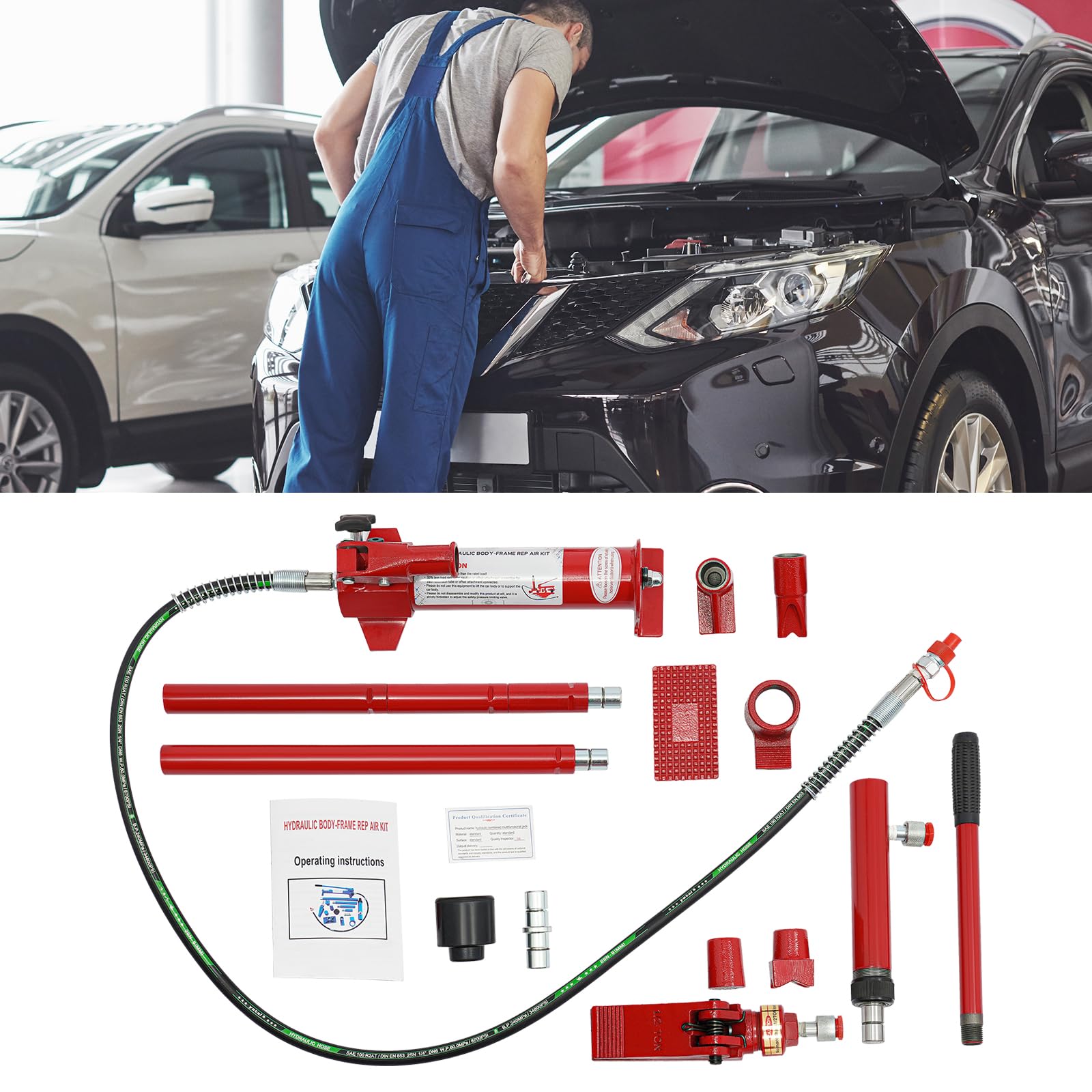 Kit direzionale idraulico per carrozzeria 4 T, pressa idraulica per riparare carrozzeria, cric con cassetta degli attrezzi, stampa per auto rigonfiamento rosso