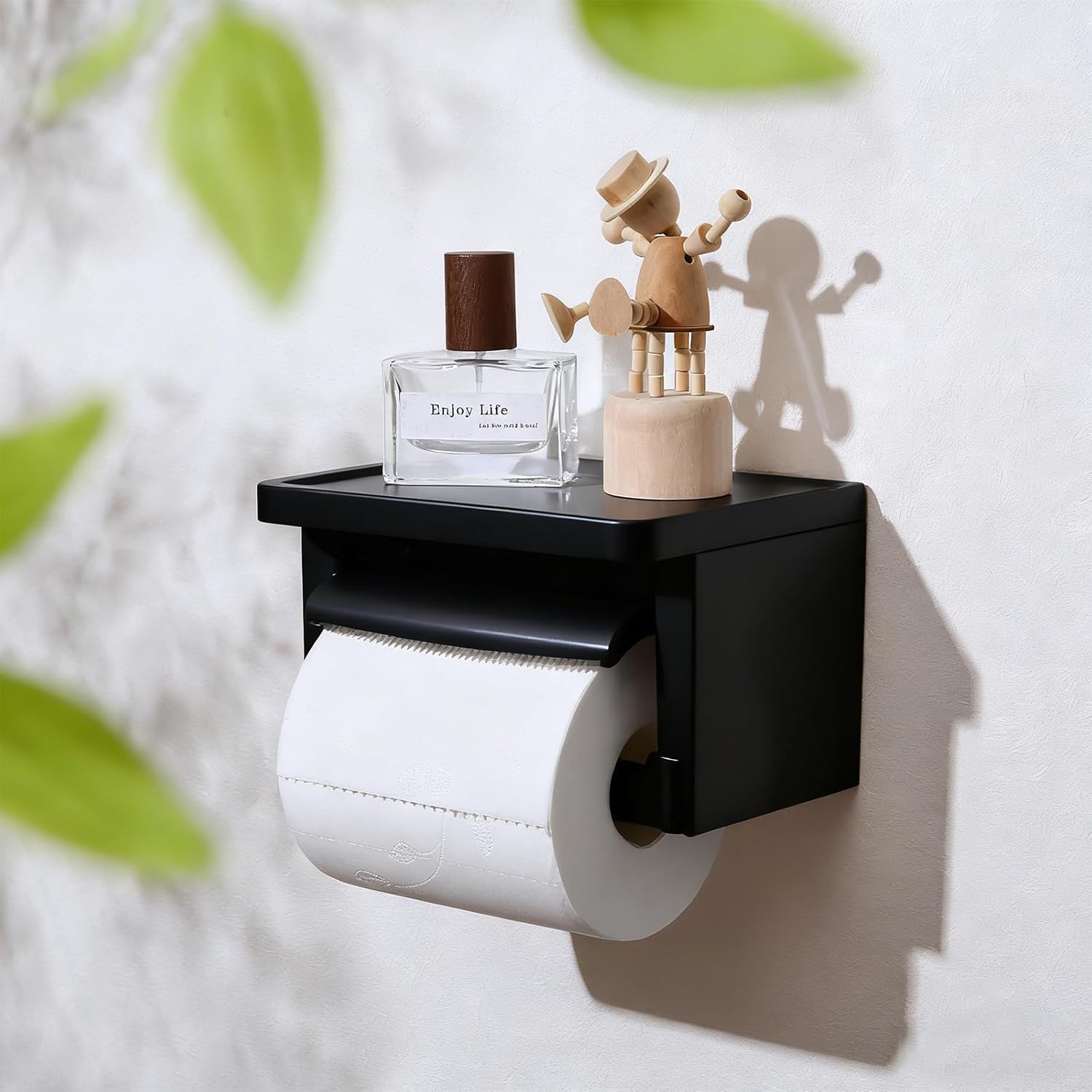 Toilet Paper Holder with Shelf- with Toilet Paper Cutting Function, Modern Toilet Paper Holder Wall Mounted for Bathroom Washroom (Wood Brown&Silver, Single)