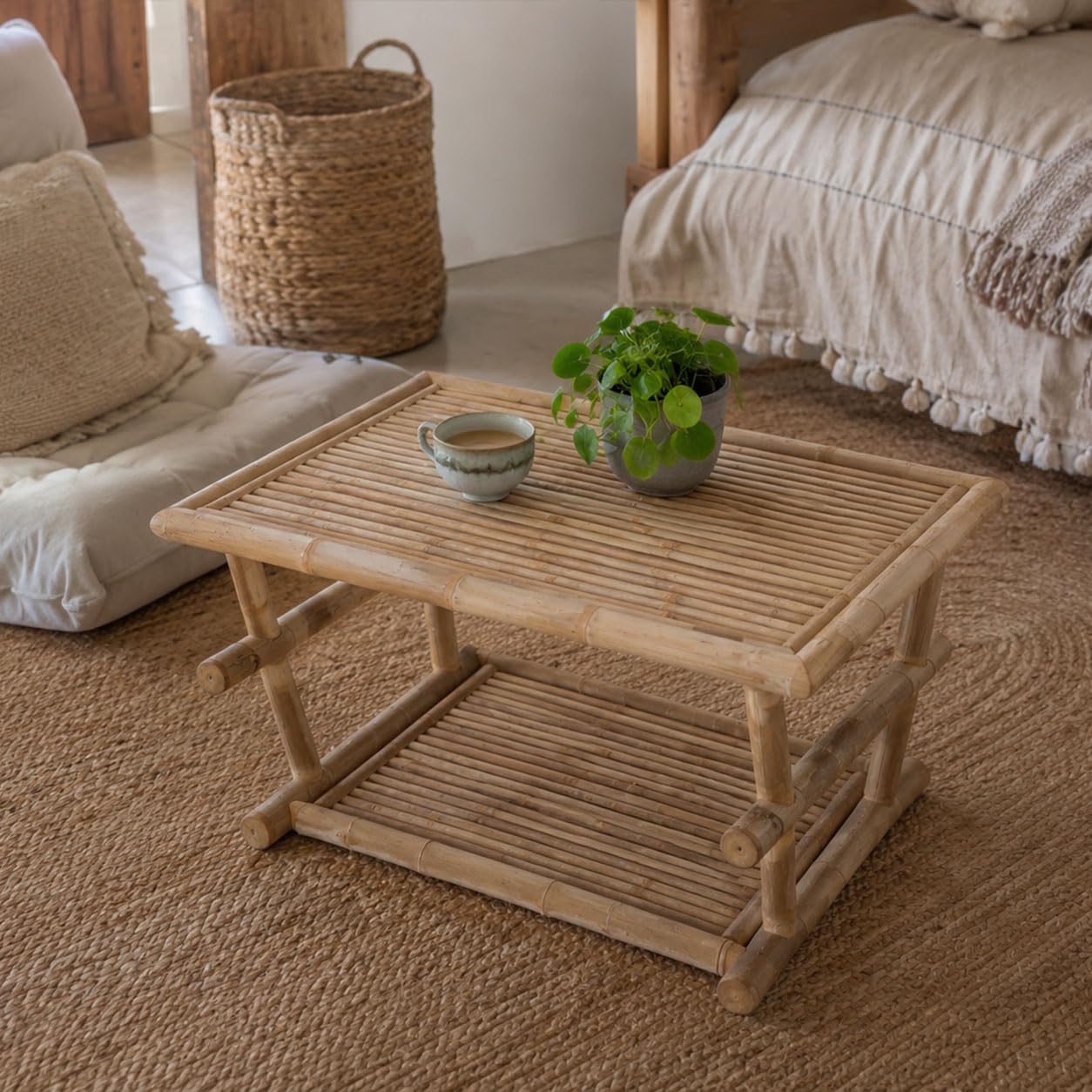 Decorasian Bambus Couchtisch (85x55x45 cm) – Lounge Tisch für Indoor & überdachten Outdoor Bereich – Boho Beistelltisch, für Balkon & Wohnzimmer
