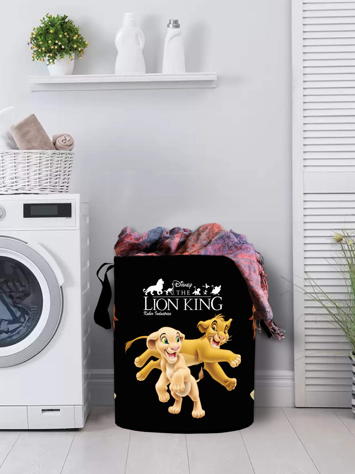 Kuber Industries Disney Lion King Print Round Non Woven Fabric Foldable Laundry Organiser with Handles,45 LTR (Black)-KUBMART11644, Pack of 1