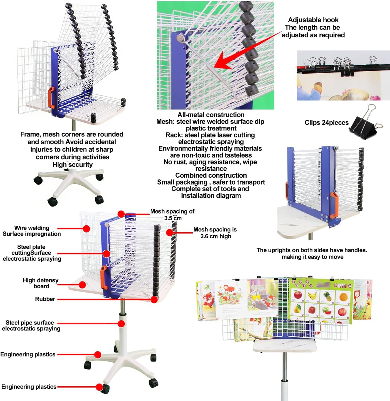 INTBUYING Art Drying Rack Floor-Standing Lift & Rotating Display Rack for Kindergarten & Primary School Painting Drying Rack/Learning Picture Hanger (15+8 Layers) 12 * 15 * 39"