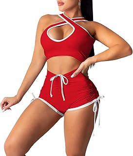 Traje Deportivo de 2 Piezas para Mujer Traje de Verano de Color Sólido Crop Top sin Mangas con Cuello en V Cruzado y Pantalones con Cordón