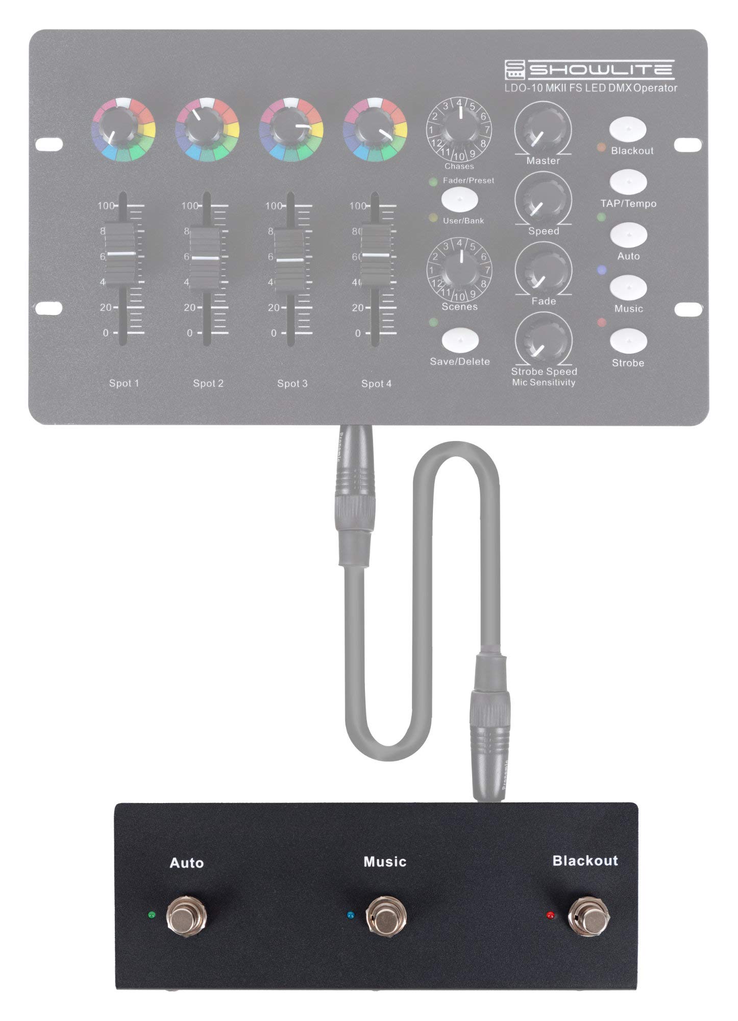 Showlite FS-10 Footswitch für LDO-10 MKII FS - Fußfernsteuerung für Lichtmischpult - drei stabile Fußtaster für Auto, Music & Blackout - wird über Stereo-Klinkenkabel mit LDO-10 MKII FS verbunden