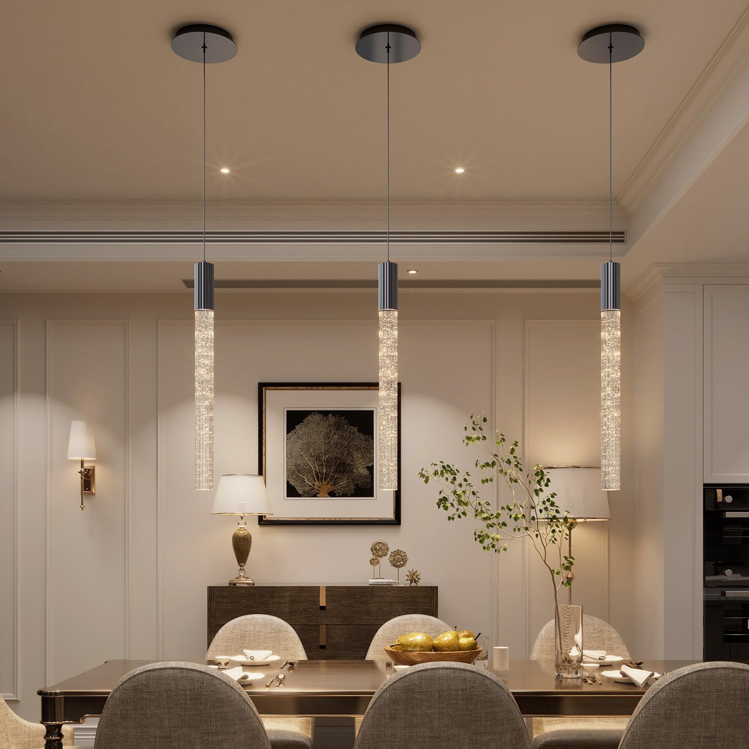 Modern Black Crystal Column Pendant Light Kitchen Island Dimmable LED Lighting Adjustable Hanging Pendant Lighting