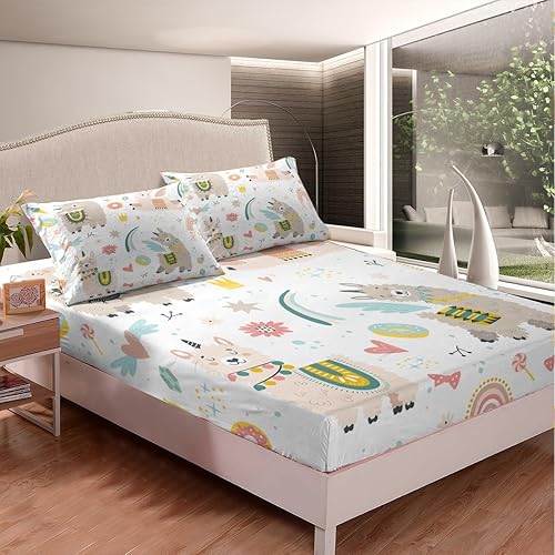 Miniatura 3 de Llama - Juego de sábanas bajeras de Alpaca para niños, lindas llamas de dibujos animados, juego de sábanas de alpaca, para niños y niñas, decoración