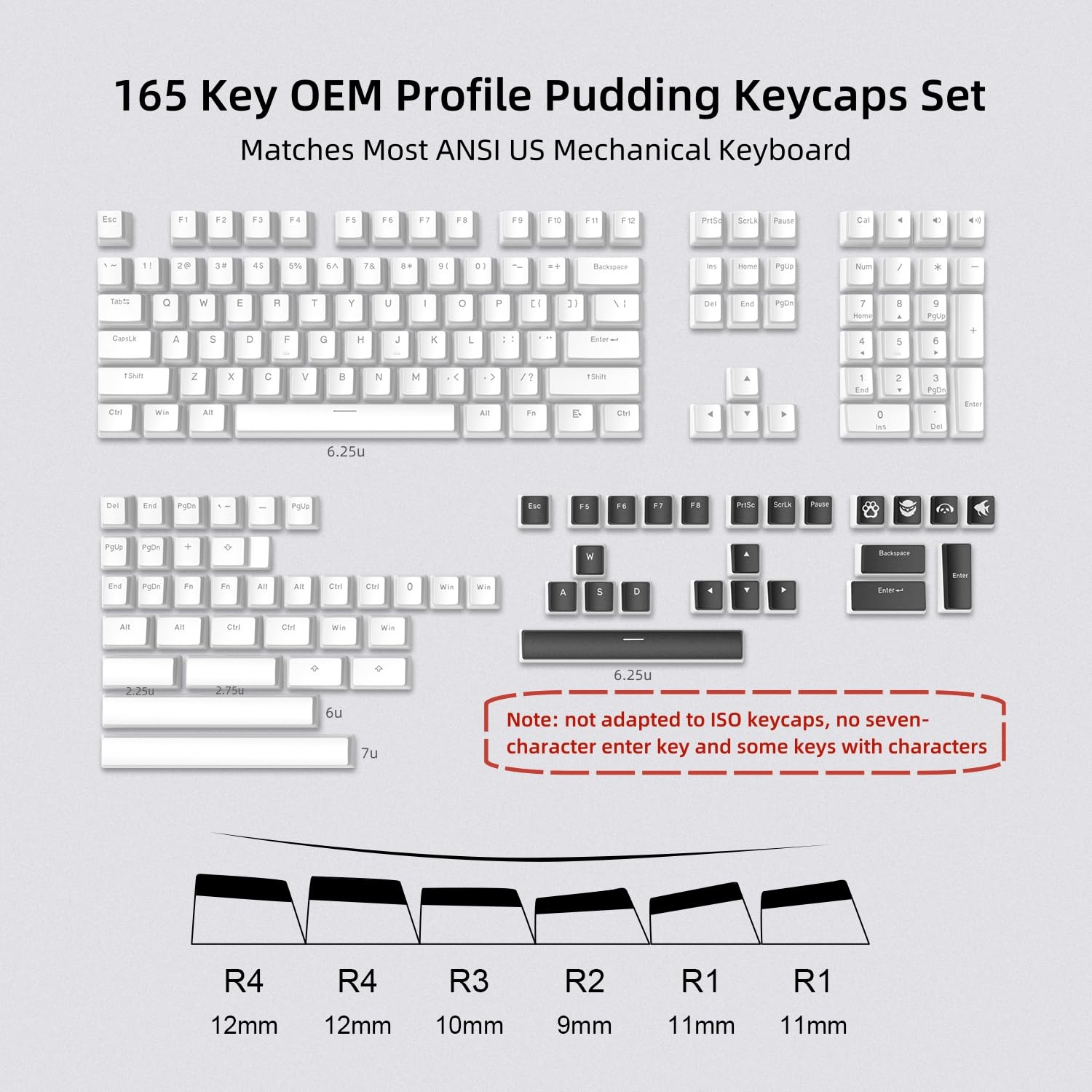 Pudding Keycaps, 165 PBT Touches Ensemble QWERTY, Profil OEM Keycaps Personnalisé ANSI US Layout, compatibilité Universelle pour Claviers à 100%, 75%, 65%, 60% - Blanc（ISO Non Inclus）
