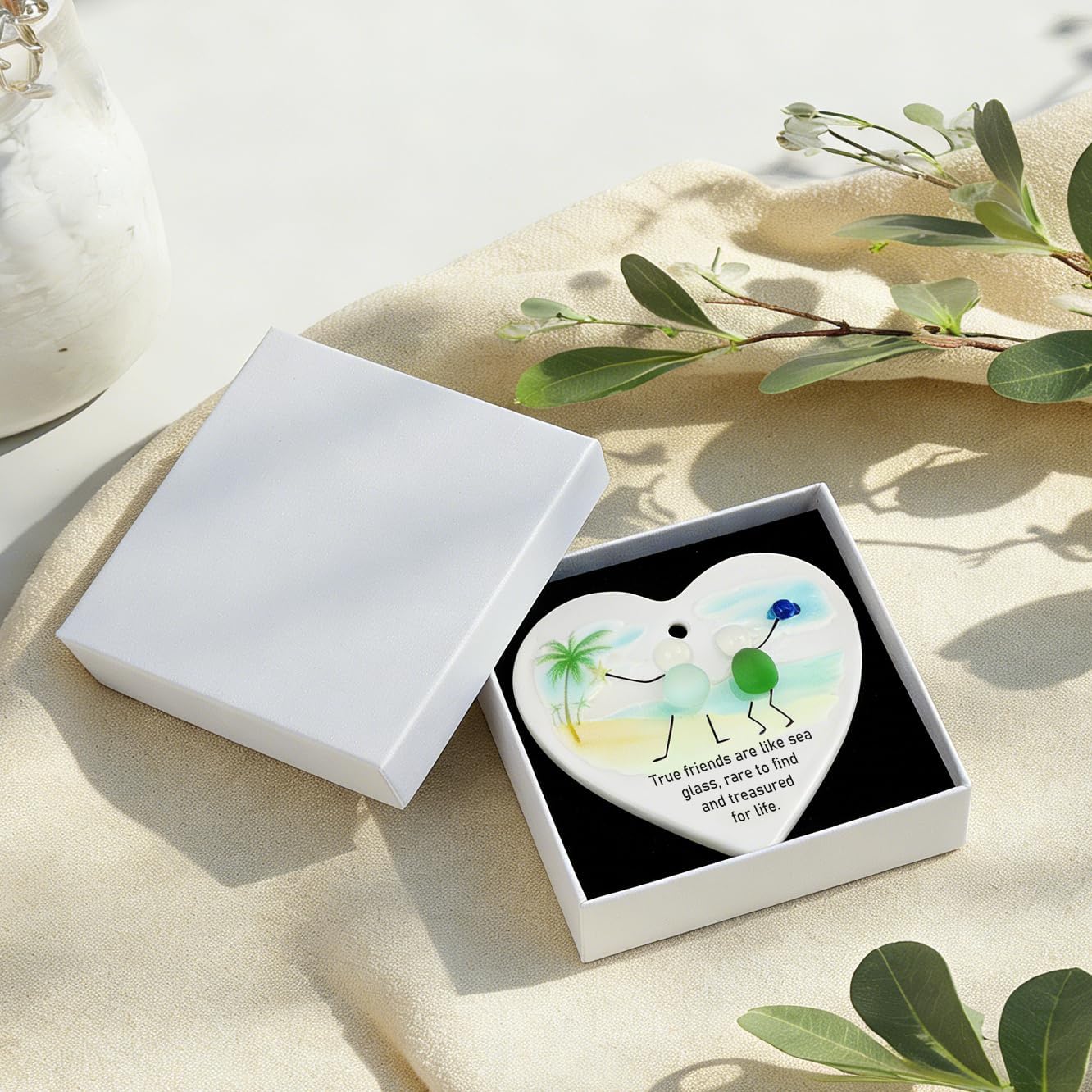 Heart-Shaped Sea Glass Art Friendship Ornament Decor,Ceramic Keepsake Pendant Graduation Birthday Gifts for Friends Women Coworker Sisters (1)