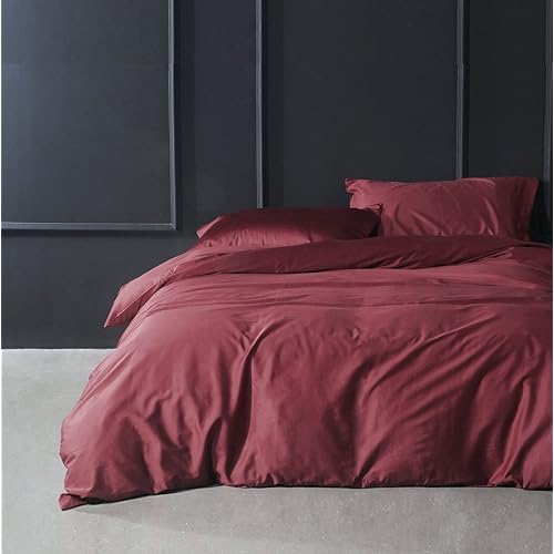 Solid Color Egyptian Cotton Duvet Cover Luxury Bedding Set High Thread Count Long Staple Sateen Weave Silky Soft Breathable Pima Quality Bed Linen (Queen, Matte Raspberry)