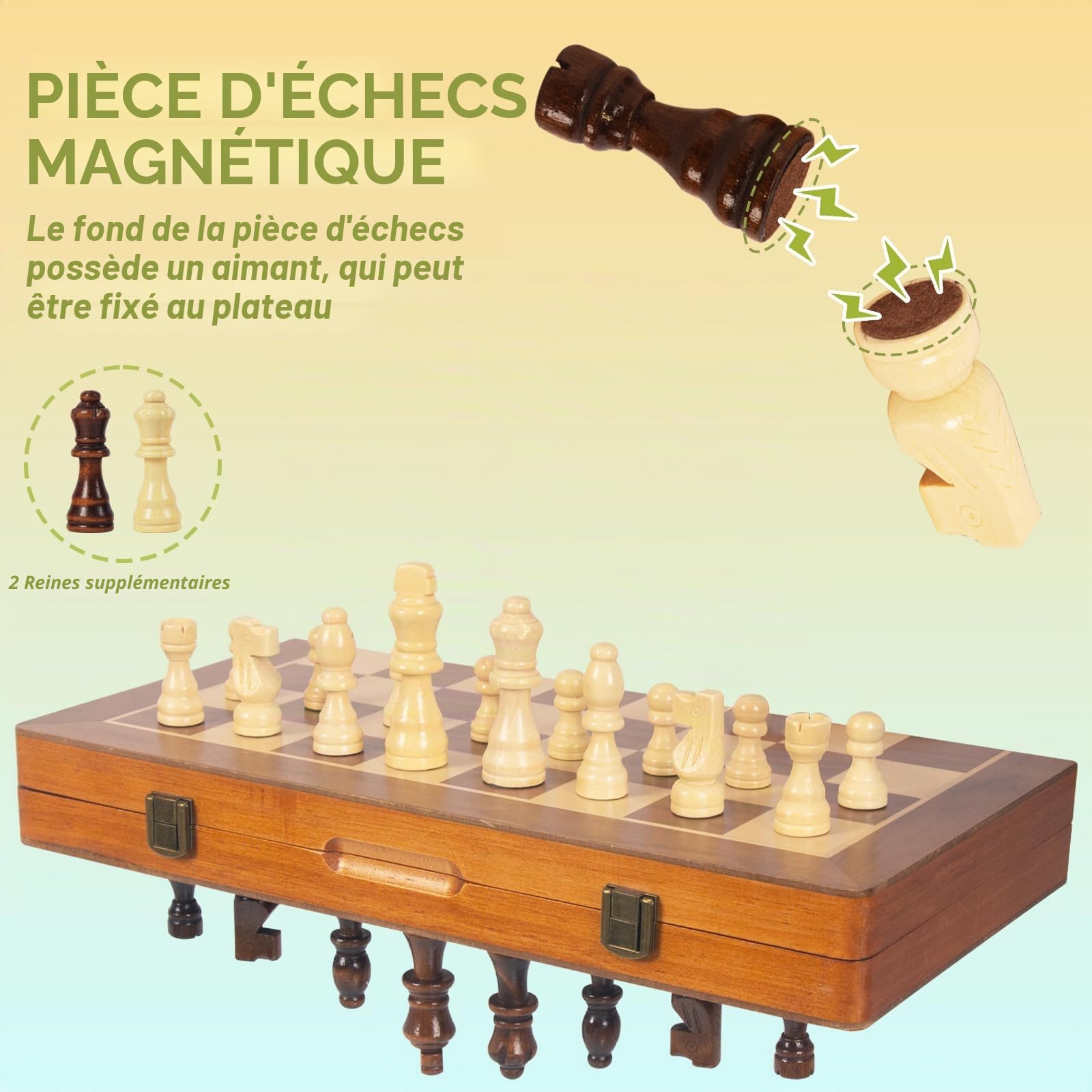 WOODENFUN Jeu d'échecs magnétique en bois pour adultes et enfants, échiquier pliable 40 x 40 cm, jeu d'échecs portable, bois de noyer et de pin (marron, 2 en 1)