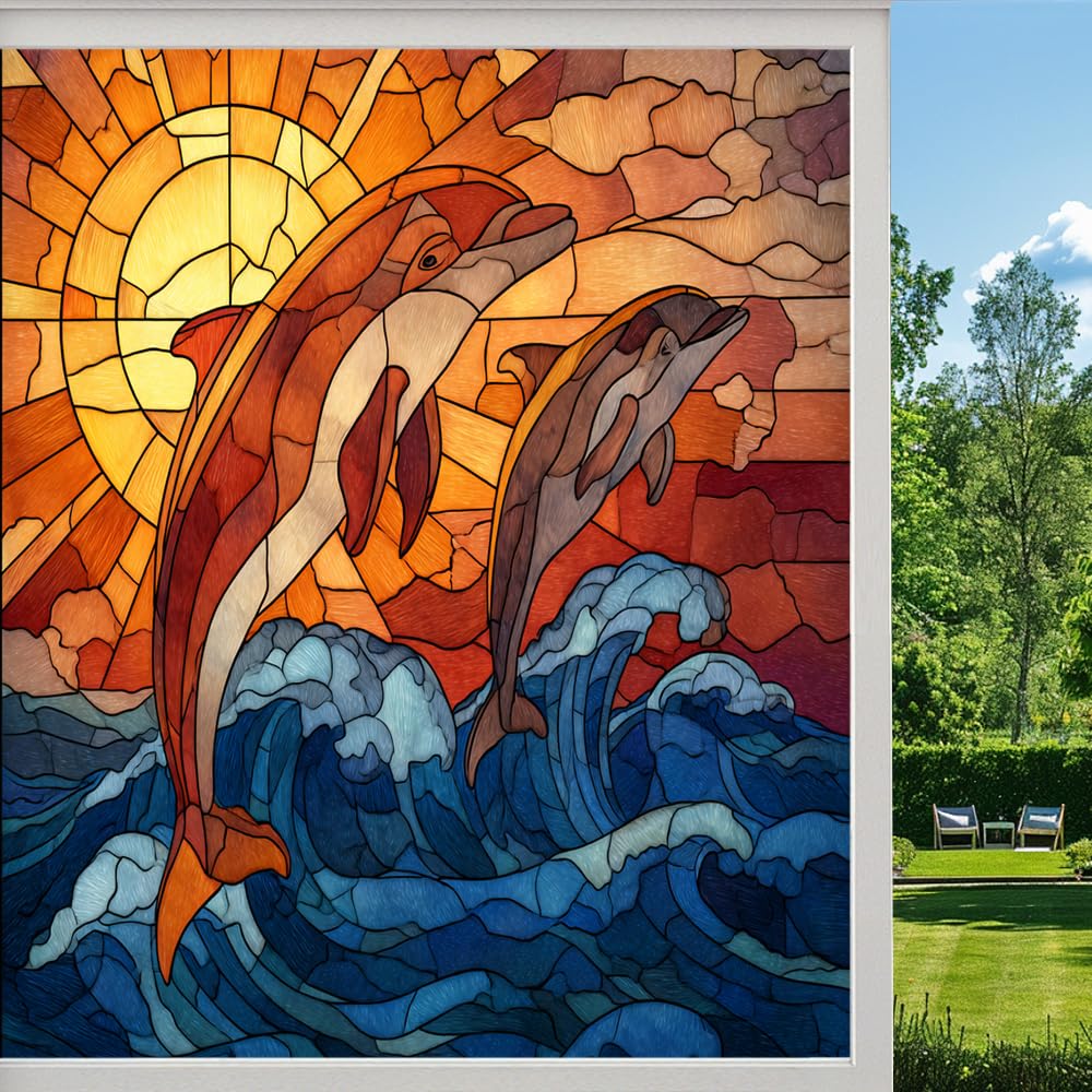 Beautiful Sunset Dolphins Frosted Window Film, Jumping Ocean Wildlife Stained Glass Privacy Film, Heat Insulation Self-Adhesive Vinyl for Bathroom Office,（90x160cm）