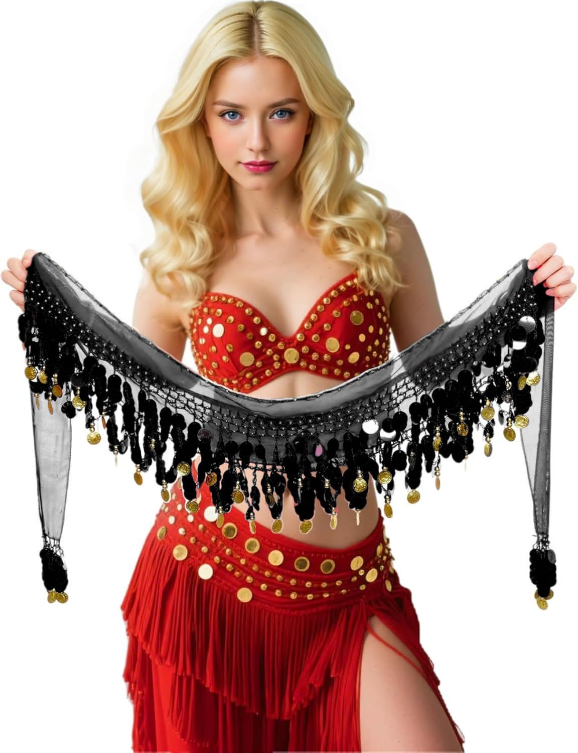 Belly Dance Hip Scarf Coins Plus Size Fringe Skirt, Sequin Fringe Skirt Belly Dancer Costumes for Women - Image 2