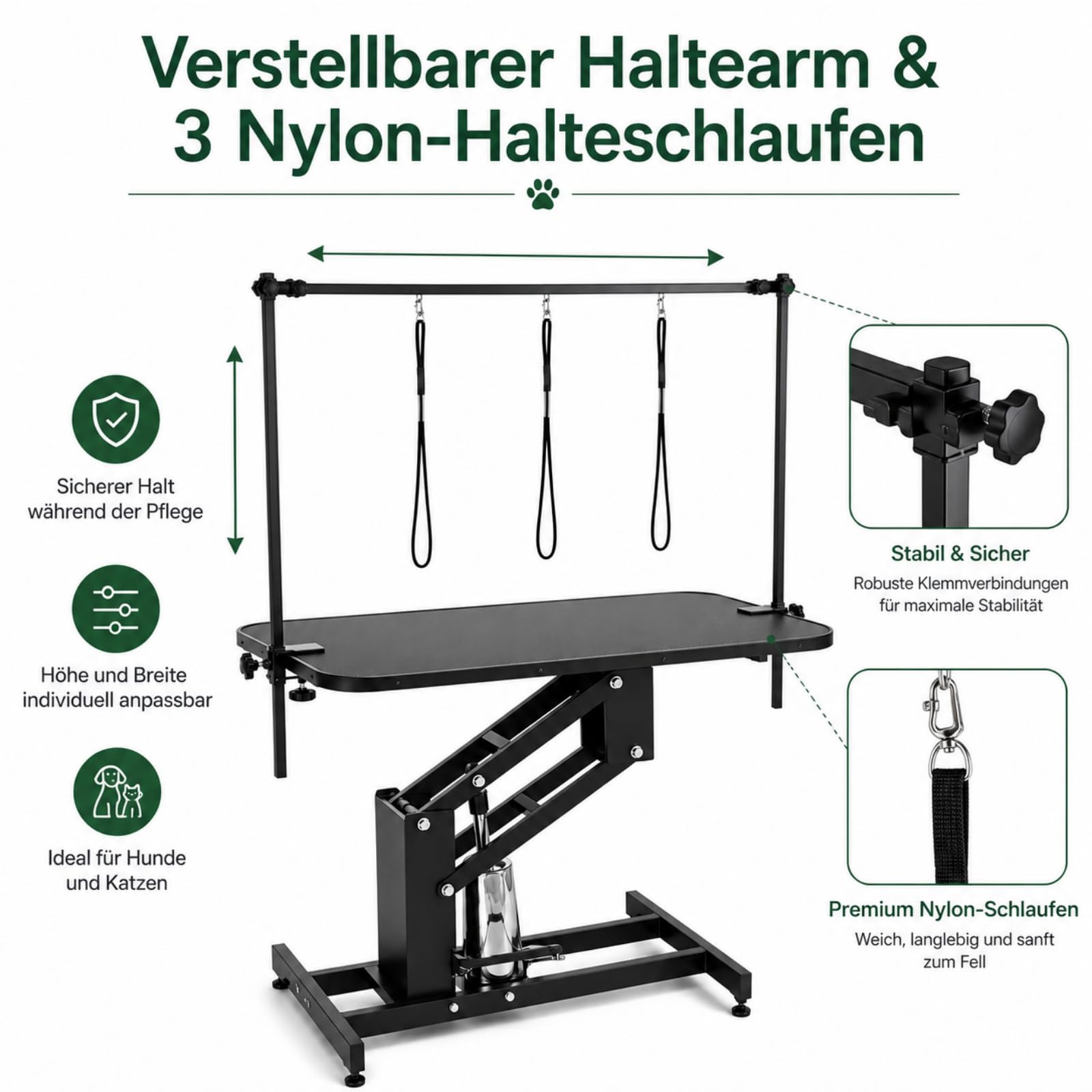 Hundepflegetisch hydraulisch, höhenverstellbarer Trimmtisch Hund 57–98 cm, 110 × 60,8 cm Pflegetisch für große Hunde, rutschfeste PVC-Oberfläche, 3 Nylon-Halteschlaufen, Schwarz