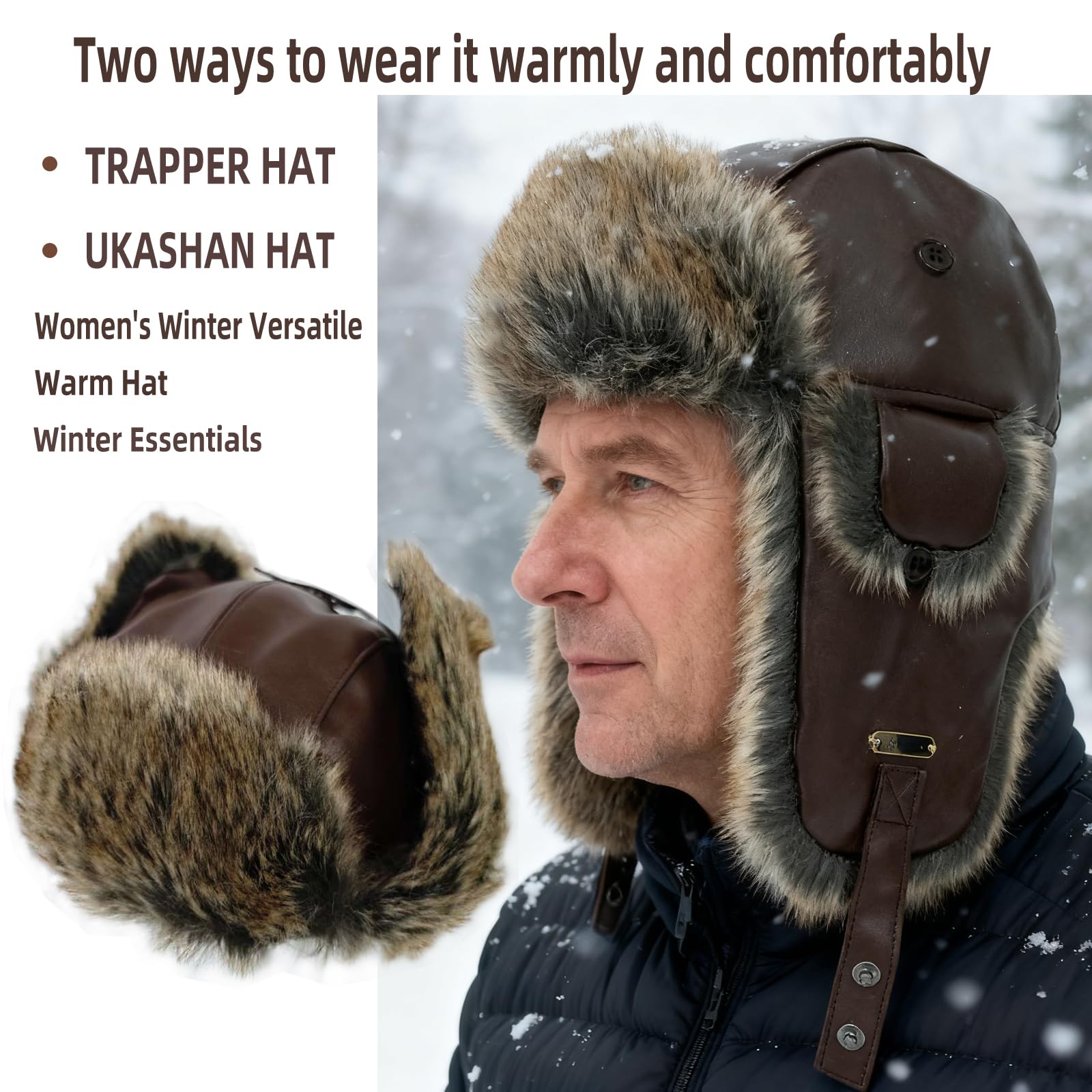 HEYANN Gorro de aviador ruso para hombre y mujer, piel de oveja artificial, gorro de invierno Ushanka cálido con orejeras unisex