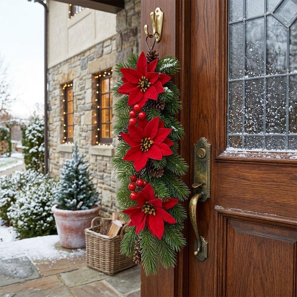 2 Pcs Artificial Red Poinsettia Christmas Teardrop Swag with Berries and Pinecones, Berry Pine Branch Teardrop Door Swag Greenery for Xmas Decor
