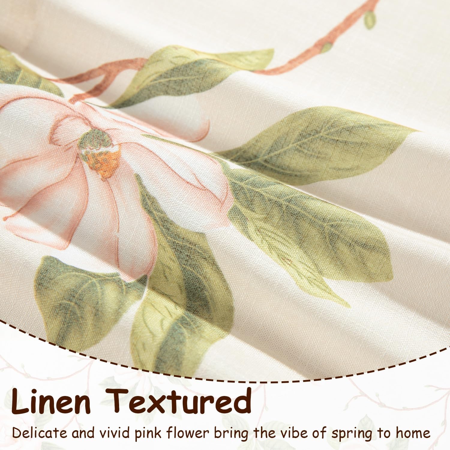 Leeva Pink Farmhouse Curtains - Whimsical Flower Print with Linen Texture, Light Filtering Window Treatment for Bedroom & Living Room, 2 Panels, 52x84 Inch