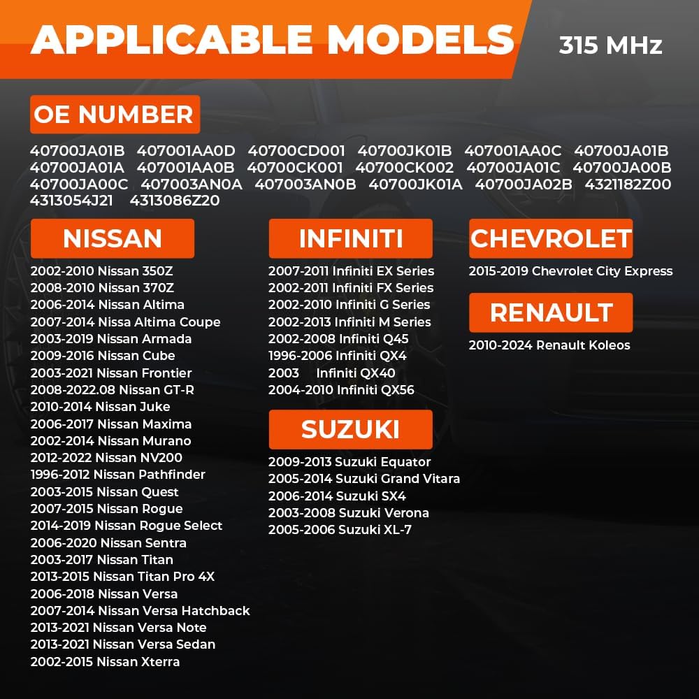 TPMS Sensor Nissan Infiniti, Set of 4 Tire Pressure Monitoring System Sensor Replacement for Nissan Frontier GT-R Maxima Murano Infiniti Replaces 40700-1AA0B 407003AN0B 407003AN0C 315Mhz