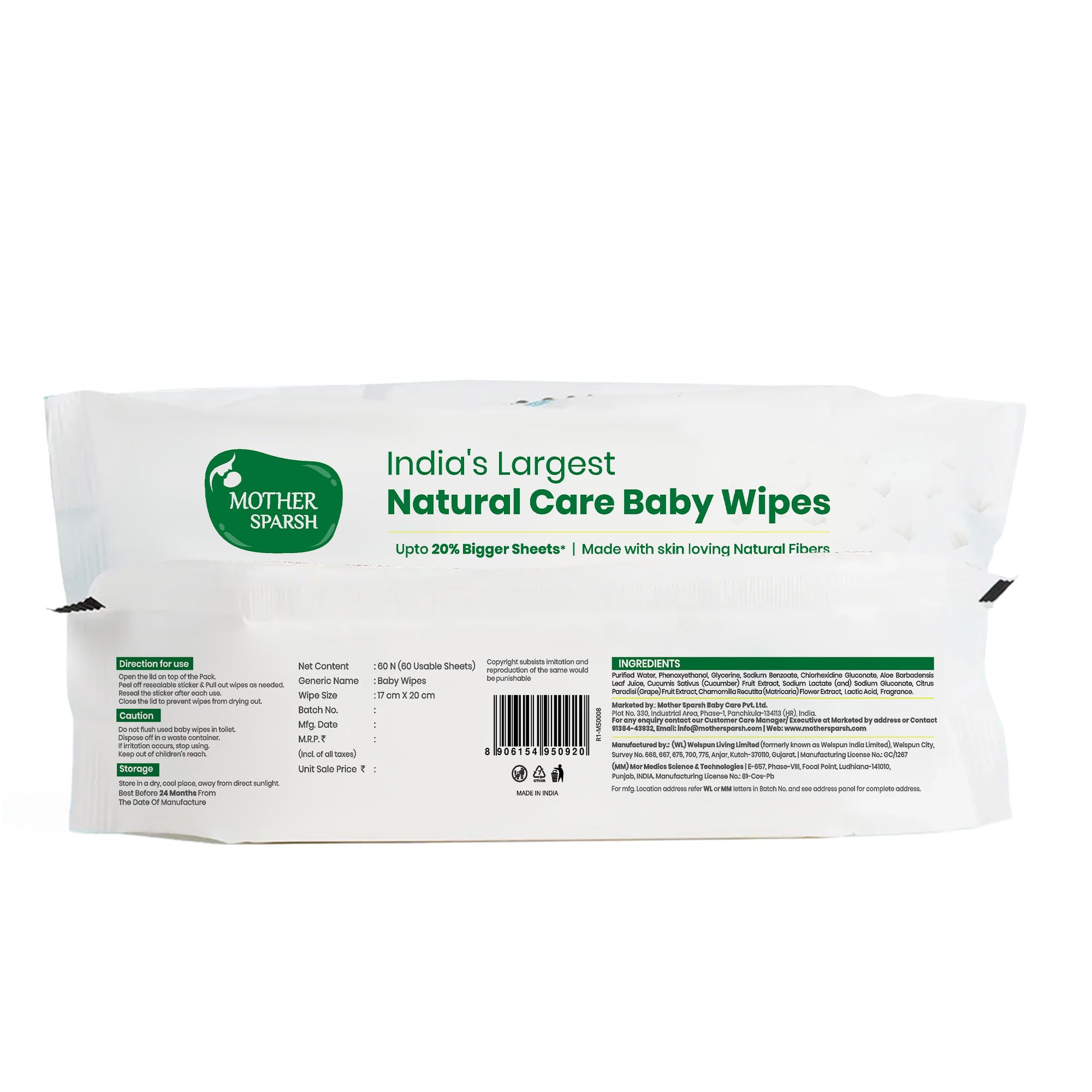 Mother Sparsh Toallitas para bebés de cuidado natural 60 piezas (paquete de 8) I 100% tela vegetal hecha de tierras forestales | Fresco+Limpieza (con pepino) toallitas húmedas vegetales para bebé I