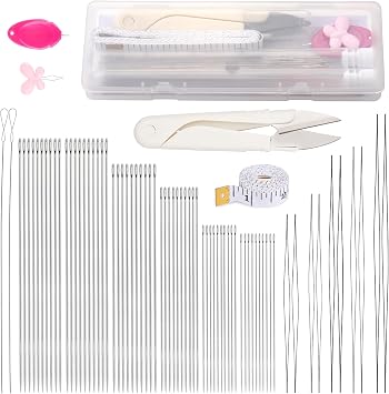 GarfxG 80 PCS Bead Needle Set, 60 PCS Straight Seed Beading Needles, 10 PCS Collapsible Big Eye Beading Needles w 2 PCS Twisted Bead Needles for Jewelry Making, Bead & Sequin Embroidery Crafting DIY