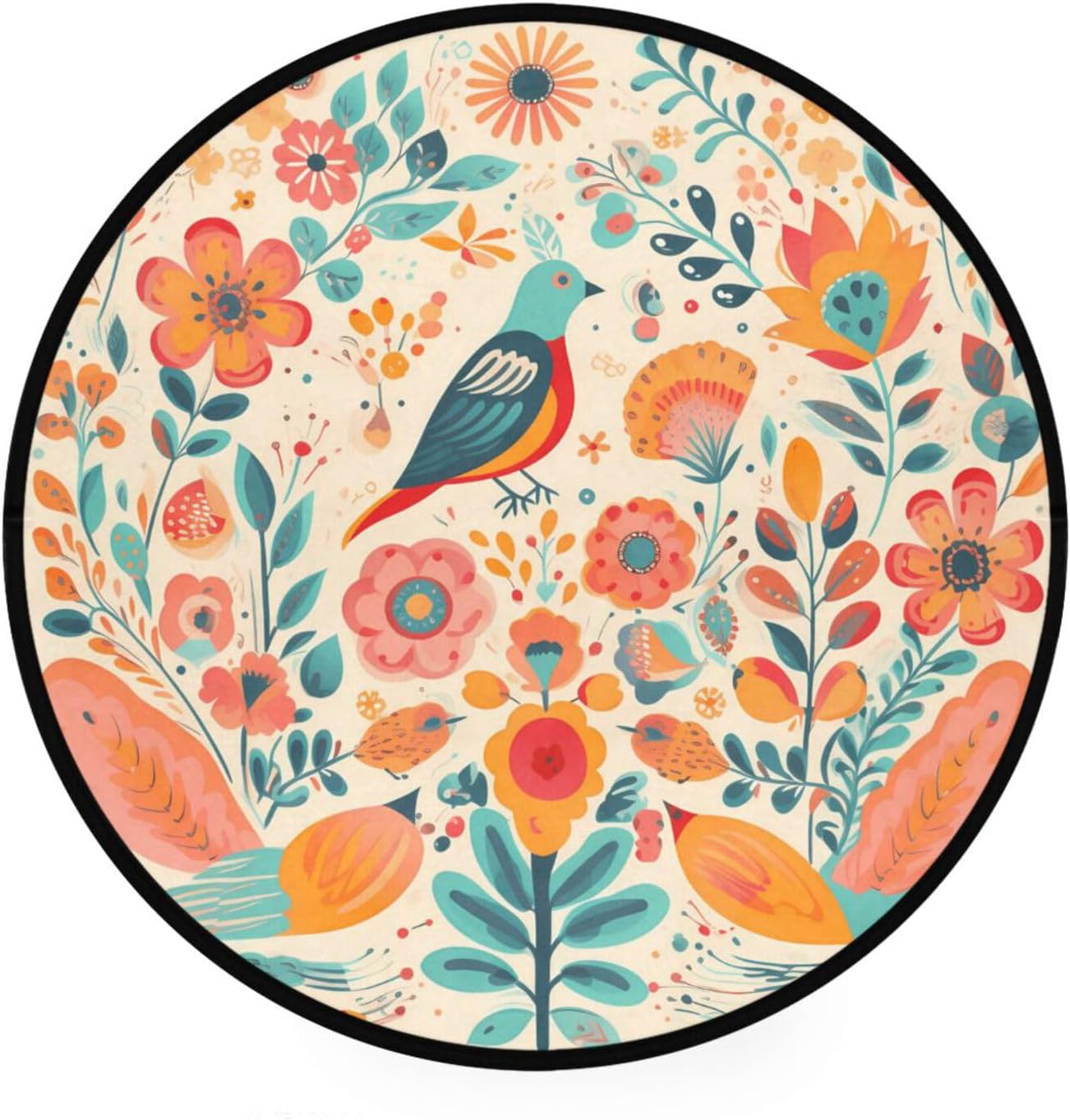 GuoChe Area Rugs Round Flowers Leaves Birds Yellow Green Blue Non-Slip Round Area Rug for Dorm Bedroom Living Room Home Decor 3ft Diameter