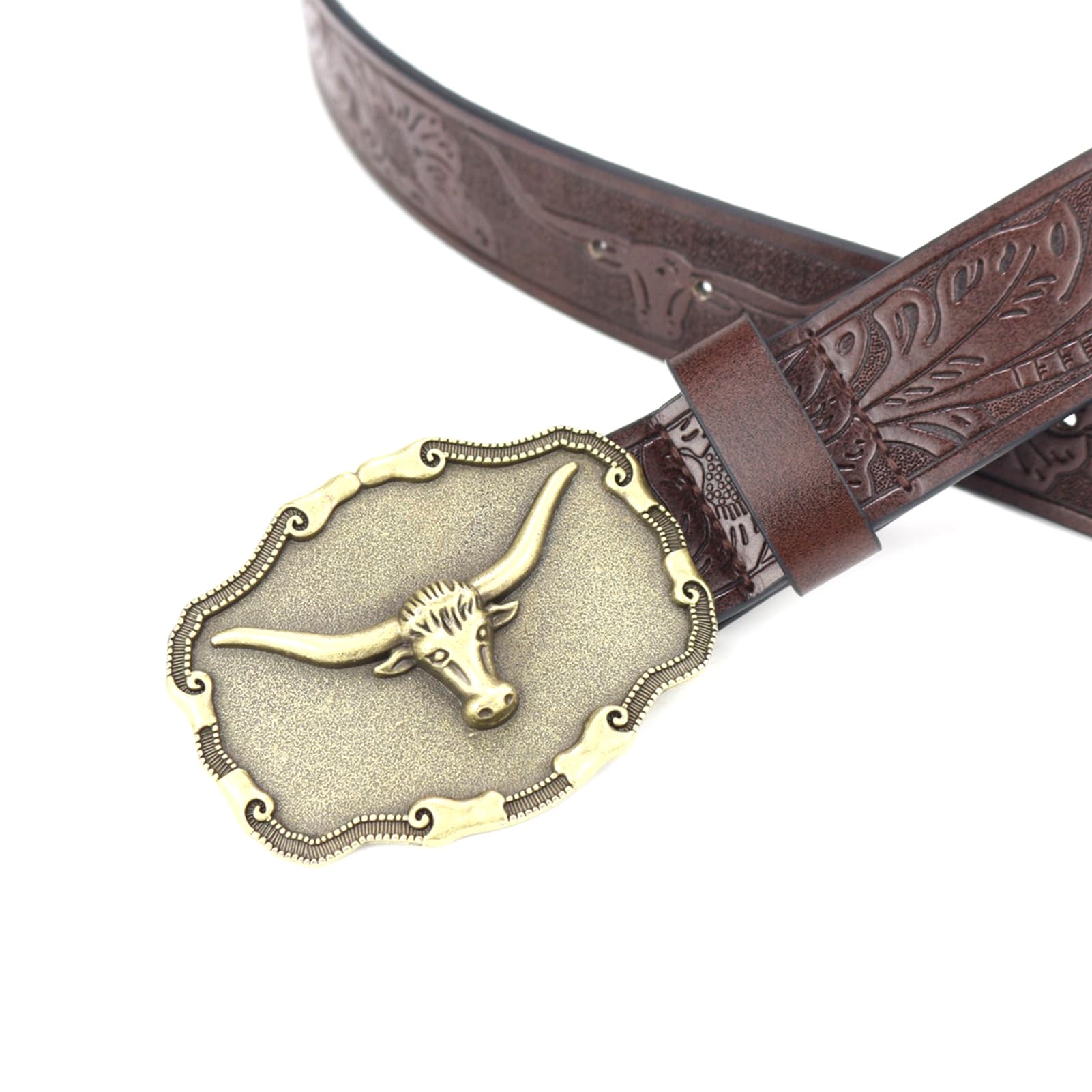Cintura, Cinture da cowboy for uomo Longhorn Bull Western con fibbia country in pelle incisa larga 3,8 cm(115cm/waist:38"~40")