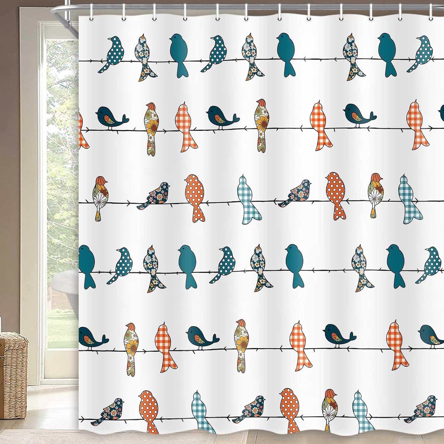 Cute Bird Shower Curtain, Fun Shower Curtain for Bathroom, Colorful Birds Rustic Waterproof Fabric Bathroom Curtain Set with Hooks 72 x 72 Inches