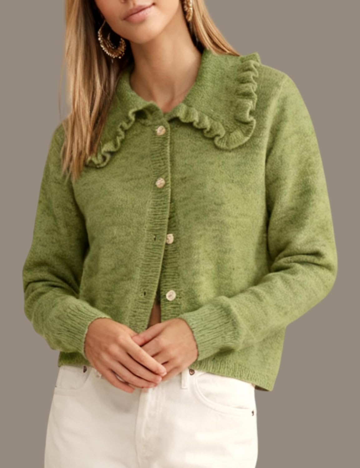 InterNos Womens Y2k Ruffled Collar Cardigan Sweaters Classic Button Down Long Sleeves Fall Sweater Crop Tops - Image 6