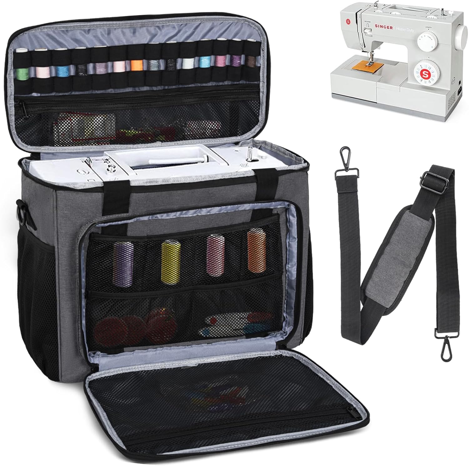 Sewing Machine Carrying Case with Multiple Storage Pockets for Accessories, Universal Tote Storage Bag Compatible with Most Standard Singer, Brother, Janome,Grey
